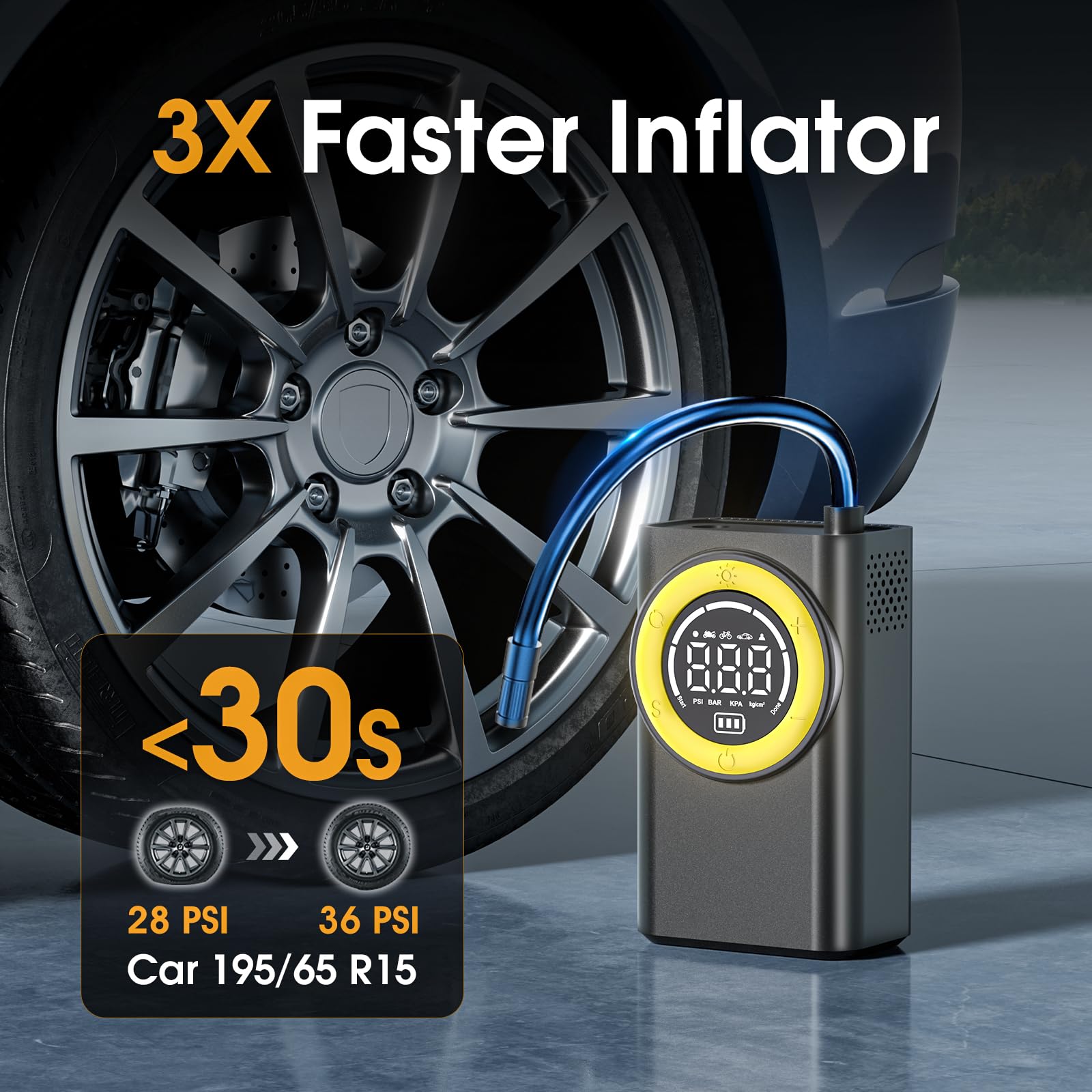 FLYKID Sprężarka powietrza do opon - pompa do opon samochodowych 150 PSI z 3 adapterami dysz i światłem awaryjnym LED do samochodów, rowerów i sprzętu sportowego, wstępnie ustawione ciśnienie w