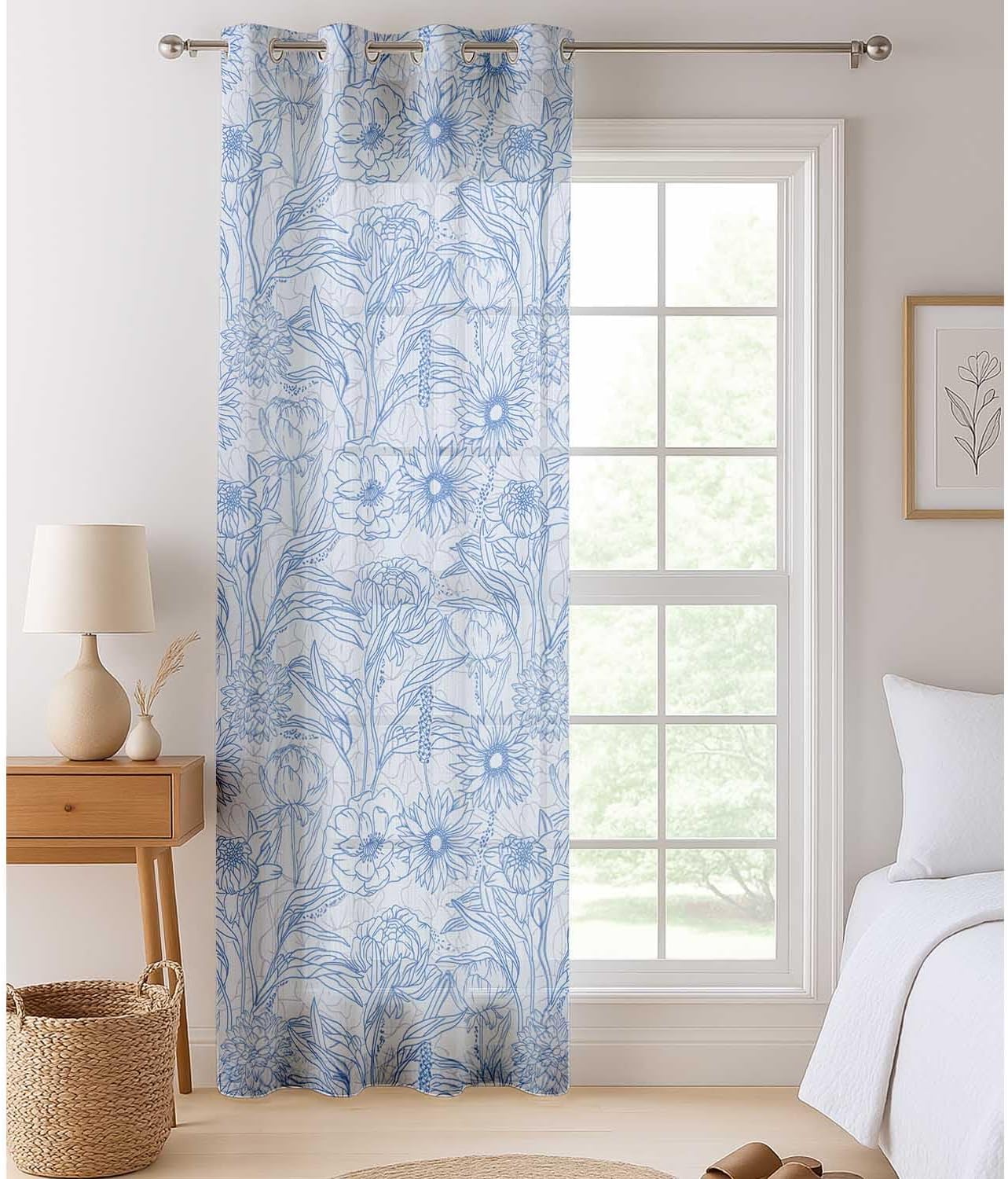 Botanical Pattern Sheer Curtains for Short Windows - Set of 2 Panels, 63", Grommet Top, Printed Georgette, Light Filtering Drapes for Kitchen or Bedroom