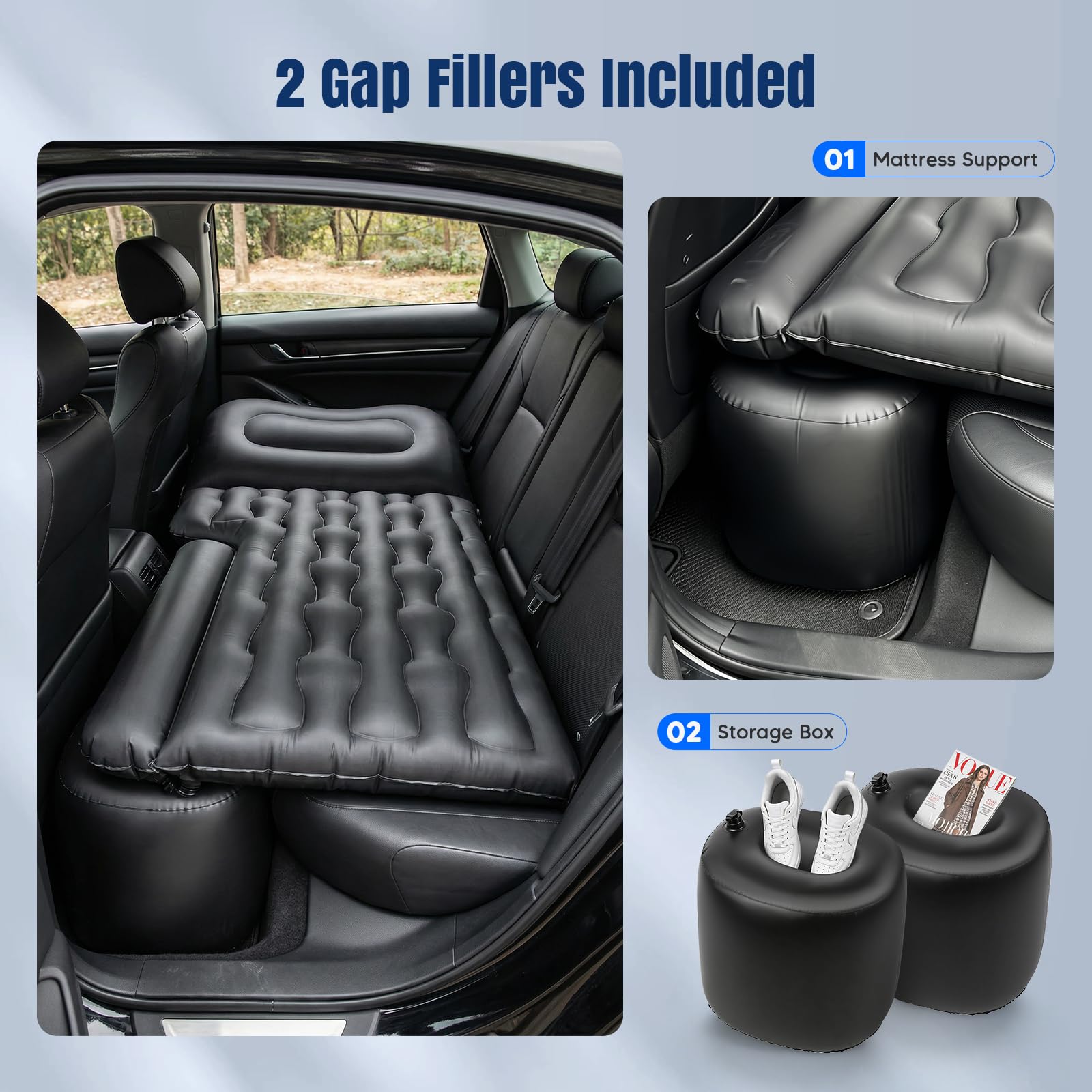 Matelas Gonflable Voiture, Matelas de Camping SUV pour Coffre et Banquette Arrière, Pompe 12V Incluse + 2 Oreillers ,2 Remplisseurs, Surface Flockée Douce Étanche, Convient Voiture RV MPV Fourgonnette