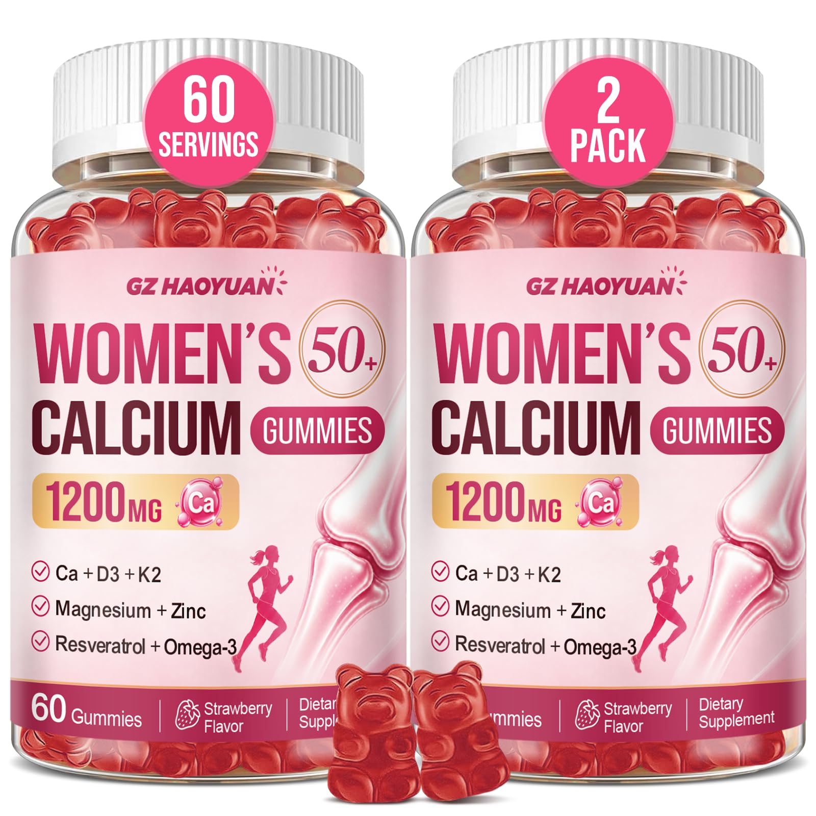 50+ Women’s Calcium Citrate Gummies, 1200mg Calcium with Vitamin D3, K2, C & Zinc, Magnesium Glycinate, Calcium Supplements for Women Over 50, Mobility Support, Strawberry Flavor, 120 Count Strawberry 60 Count (Pack of 2)
