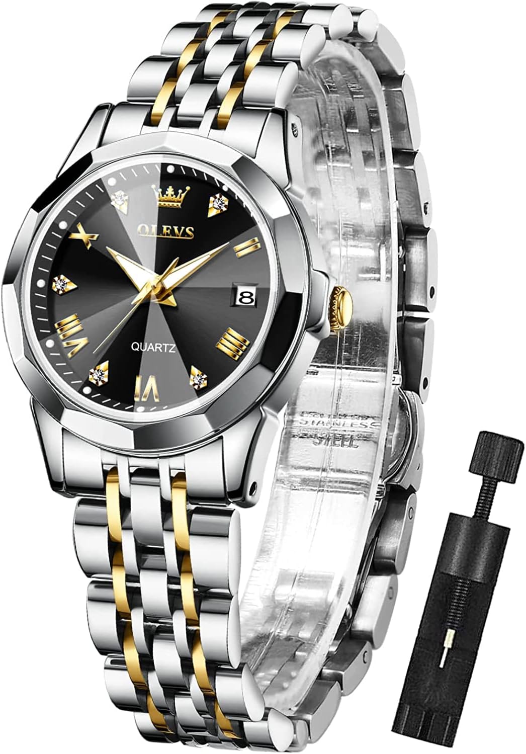OLEVS Womens Watch Fashion Dress Diamond Female Watches for Ladies Analog Quartz Stainless Steel Waterproof Luminous Day Date Two Tone Wristwatch