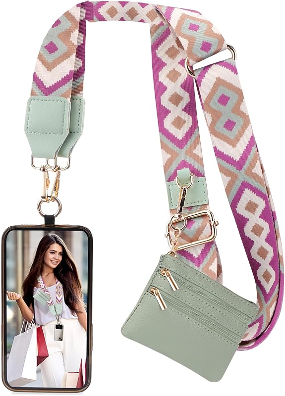 XANGNIER Correa Clip and Go para teléfono con cartera cruzada, correa para teléfono con cartera con cremallera, cordón ajustable antirrobo para teléfono celular para mujer, accesorios de cadena para teléfono celular verde | Cordón para teléfono celular con bolso con cremallera,Cordón cruzado antirrobo para mujer/profesor,Accesorios de cadena de muñeca para teléfono celular