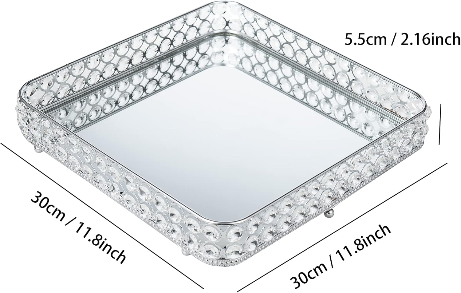 Feyarl Crystal Vanity Perfume Tray Jewelry Trinket Organizer Decorative Cosmetics Serving Coffee Table Tray with Anti-Scratch Real Glass Mirror Surface for Party Wedding Dresser Room (11.8 x 11.8inch)
