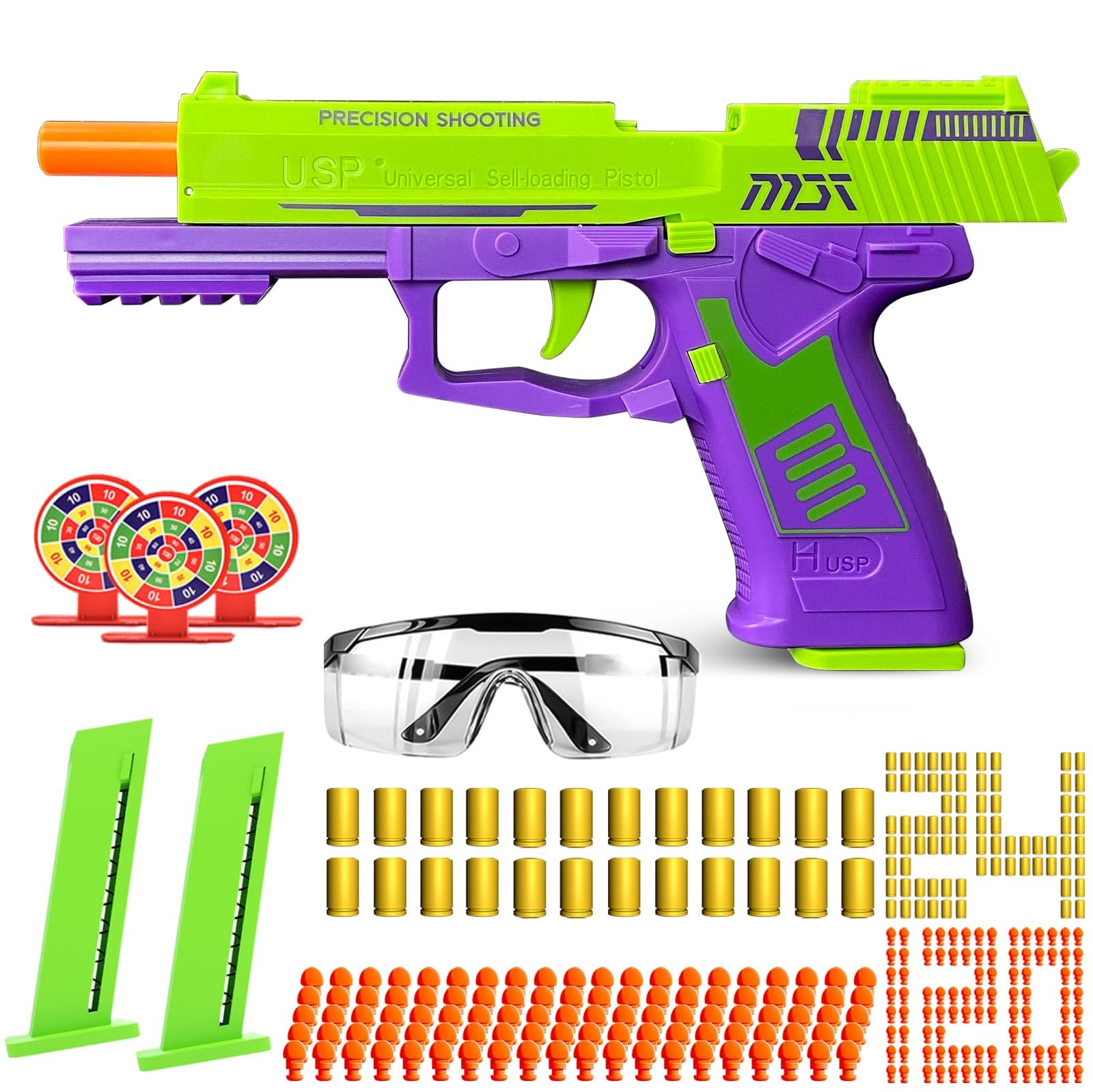 Shell Ejecting Toy Gun, Soft Bullet Toy Pistols with Automatic Reloading Rebound, Shooting Game Toys Gifts for Kids Boys Girls (Green&Purple)