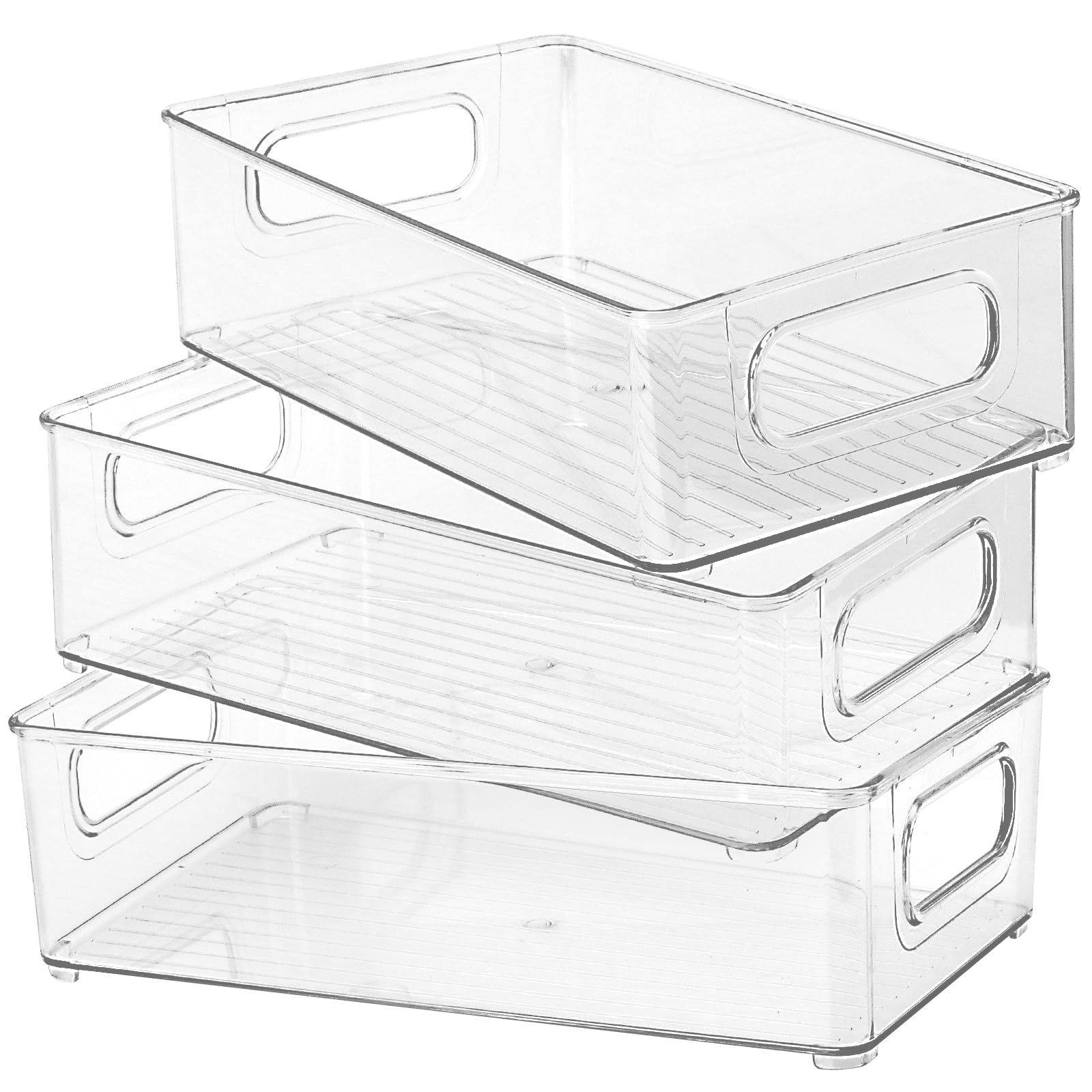 KEILEOHO Set di 3 Organizer per Frigorifero con Manico, 25,5 x 15 x 7,6 cm, Contenitore per Frigorifero, dispensa, Organizer per Cucina, Trasparente, plastica