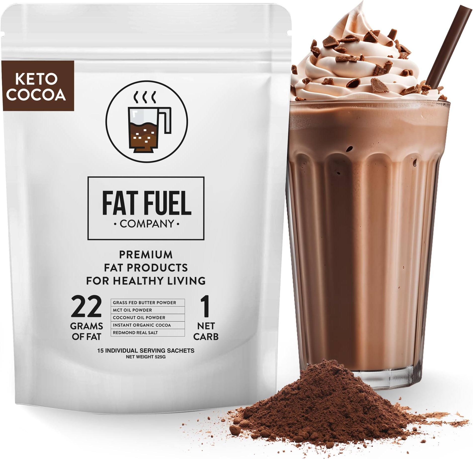 Fat Fuel Keto Cocoa 22g Premium Fats - with Grass Fed Butter, MCT Oil, Coconut & Redmond Real Salt - Instant Organic Cocoa, One Net Carb, A True Meal Replacement - 15 Servings