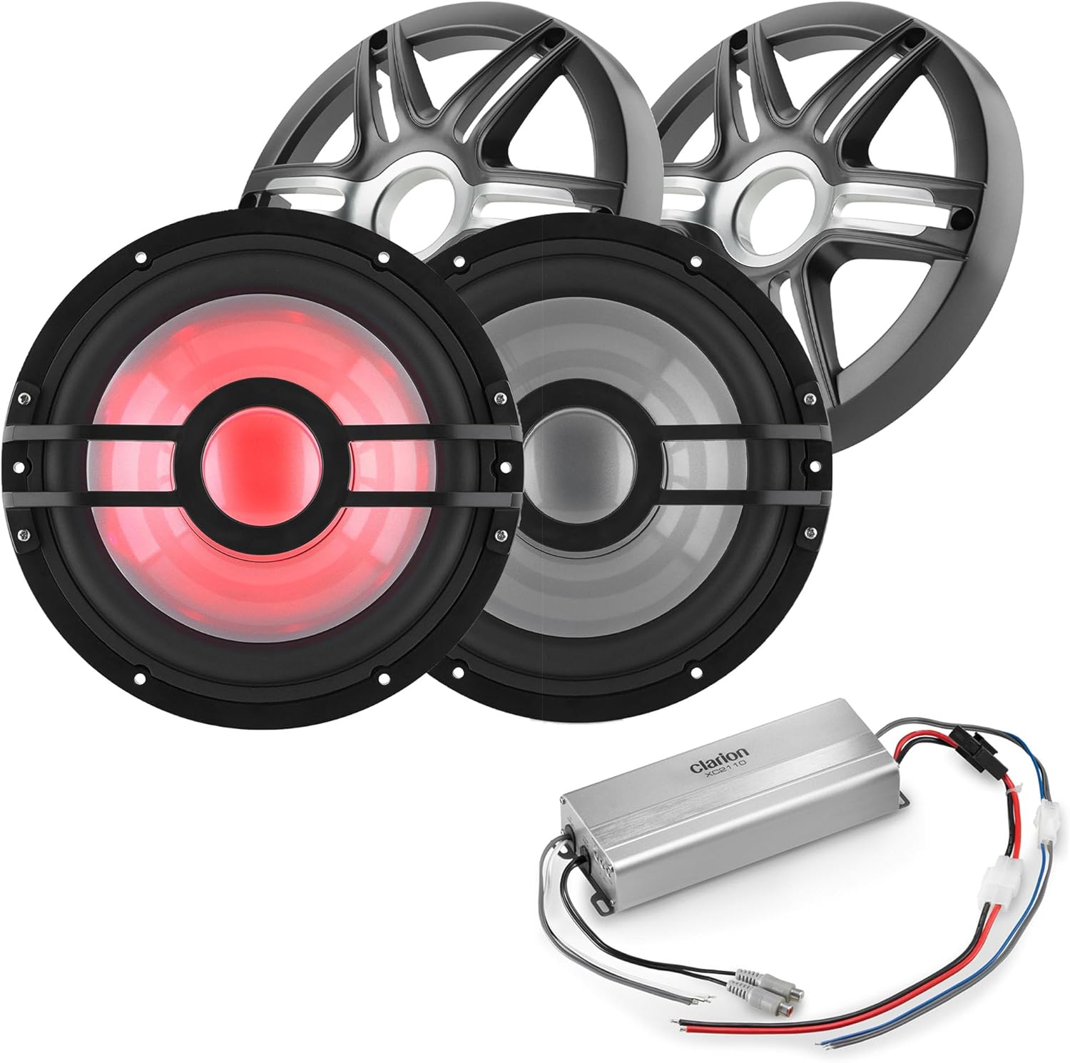 Clarion Marine Bass Bundle - (2) CMSP-101RGB-4 10" RGB LED subwoofers Includes Gunmetal Grilles, Marine XC2110 Amplifier