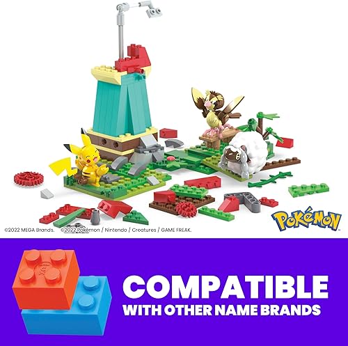 Miniatura 10 de MEGA Juego de juguetes de construcción de figuras de acción Pokémon, molino de viento de campo con 240 piezas, movimiento y 3 personajes posables,