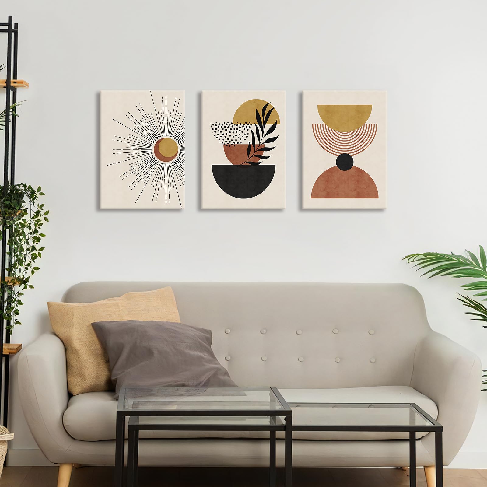 3Pcs Wooden Framed Boho Canvas Wall Art Beige Ginger Orange Abstract Leaves Sun Painting Canvas Prints Nordic Minimalist Picture for Living Room Bedroom Hallway Home Wall Decor 120x60cm(16"x24"x3pcs) — view 3