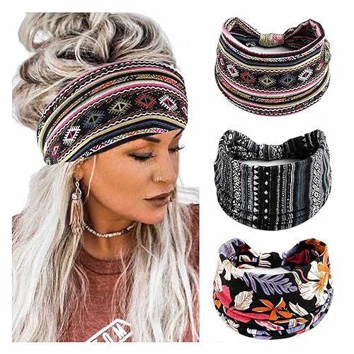 Diadema de nudo ancho bohemia, bufanda para cabello, diseño floral, banda para el pelo elástica, turbante de grueso tejido, bandas de algodón grueso