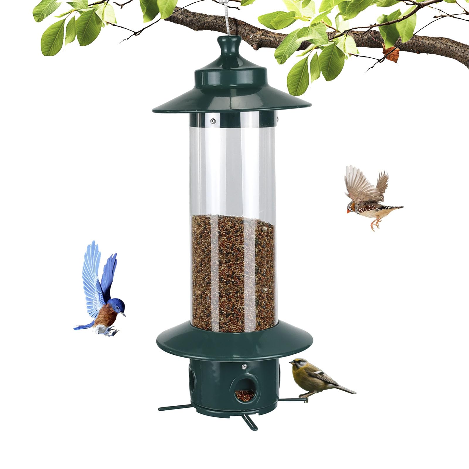 Hanging Bird Feeder for Outdoors, Squirrel Proof Bird Feeders for Outside with 4.8 Lb Capacity, 4 Ports Tube Metal Wild Bird Feeders for Garden Yard Decoration Viewing Cardinal, Weather-Resistant