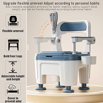 Bedside Commode, Adult Portable Toilet Chair Seat with Handles, Height Adjustable Mobile Portable Toilet for Seniors Disabled Elderly, Anti-Slip Foot Pads Lightweight Shower Chair Seat Potty