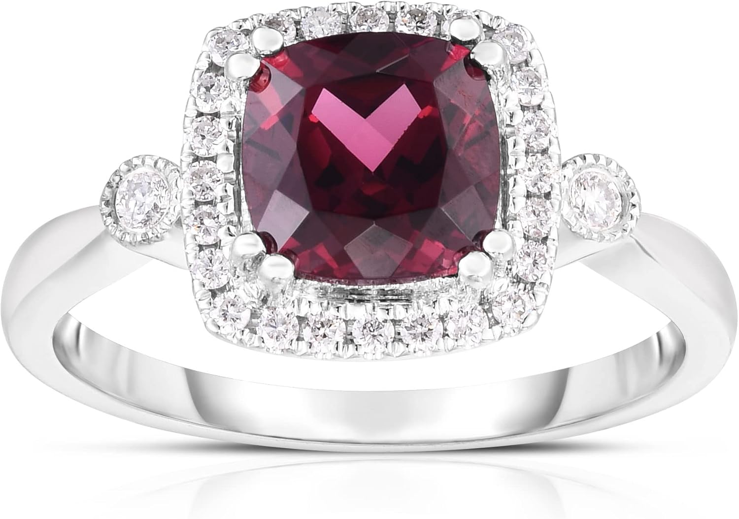 14K White Gold Genuine Rhodolite Garnet 2 Ct Cushion, Diamond Ring. Size 7