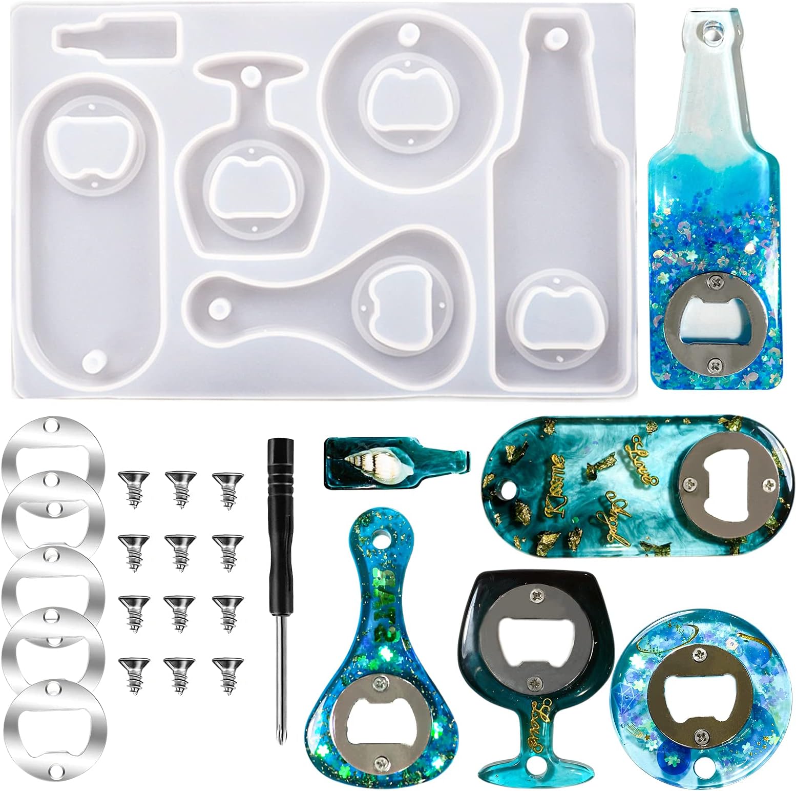 Bottle Opener Resin Mold,Beer Opener Silicone Molds with Stainless Steel Resin Accessories for DIY Keychain Beer Spanner,Art Crafts(Bottle Opener)