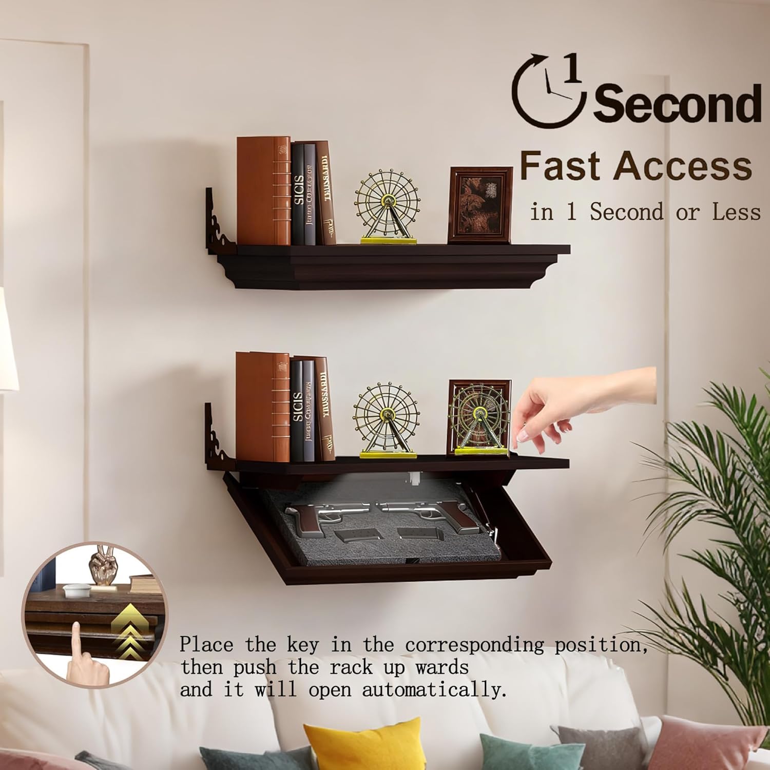 LED Compact Gun Shelf with Hidden Storage, Floating Wall Mount Gun Rack with Automatic Induction Windmill Lock and,Concealed Furniture for Secure Storage (Dark Brown)