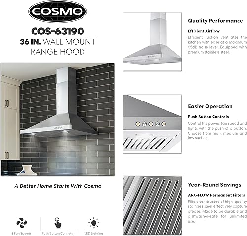 Miniatura 6 de COSMO 63190 - Campana extractora de montaje en pared de 36 pulgadas con conductos convertibles sin kit incluido ventilación tipo chimenea de cocina
