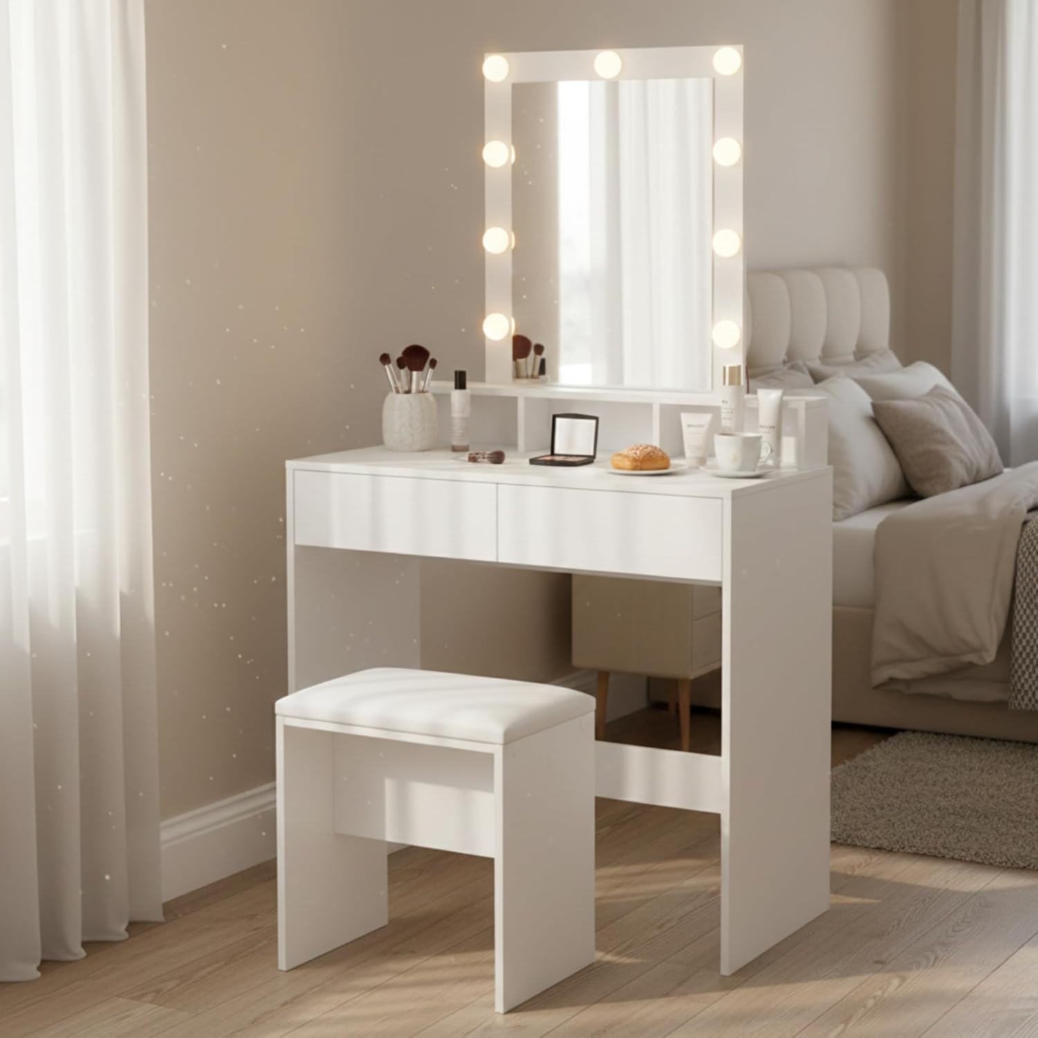 FurnitureR Make Up Vanity Desk Set, Vanity Desk with Mirror and Lights, Make Up Table and Stool Set, Small Bedroom Wooden Dressing Table with 2 Drawers, Power Outlet and USB Ports, White