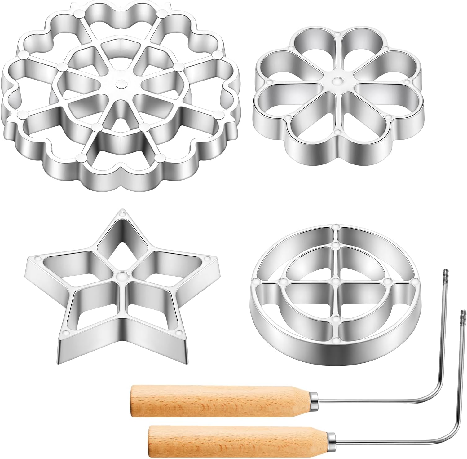 Ziliny 6 Pcs Rosette Iron Mold Set Bunuelos Mold with Handle Cooking Stamp Maker Kit Cookie Cutter Aluminum Alloy Waffle Maker with 3 Interchangeable Head Star Flower Circle(Wood)