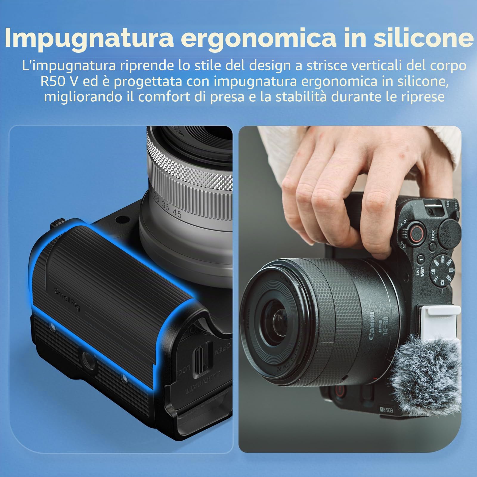 SMALLRIG Impugnatura R50 V a forma di L per Canon R50V con piastra a sgancio rapido per Arca, impugnatura laterale leggera a coste, supporto per scarpa fredda, fori filettati da 1/4"-20, supporto per
