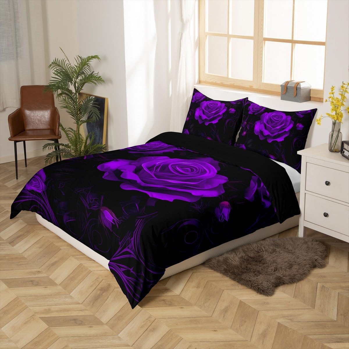 Erosebridal Valentine's Day Duvet Cover Romantic Roses Couple Comforter Cover Purple Black Flowers Bedding Set King Size,Botanical Floral Lovers Bed Set for Teen Adults