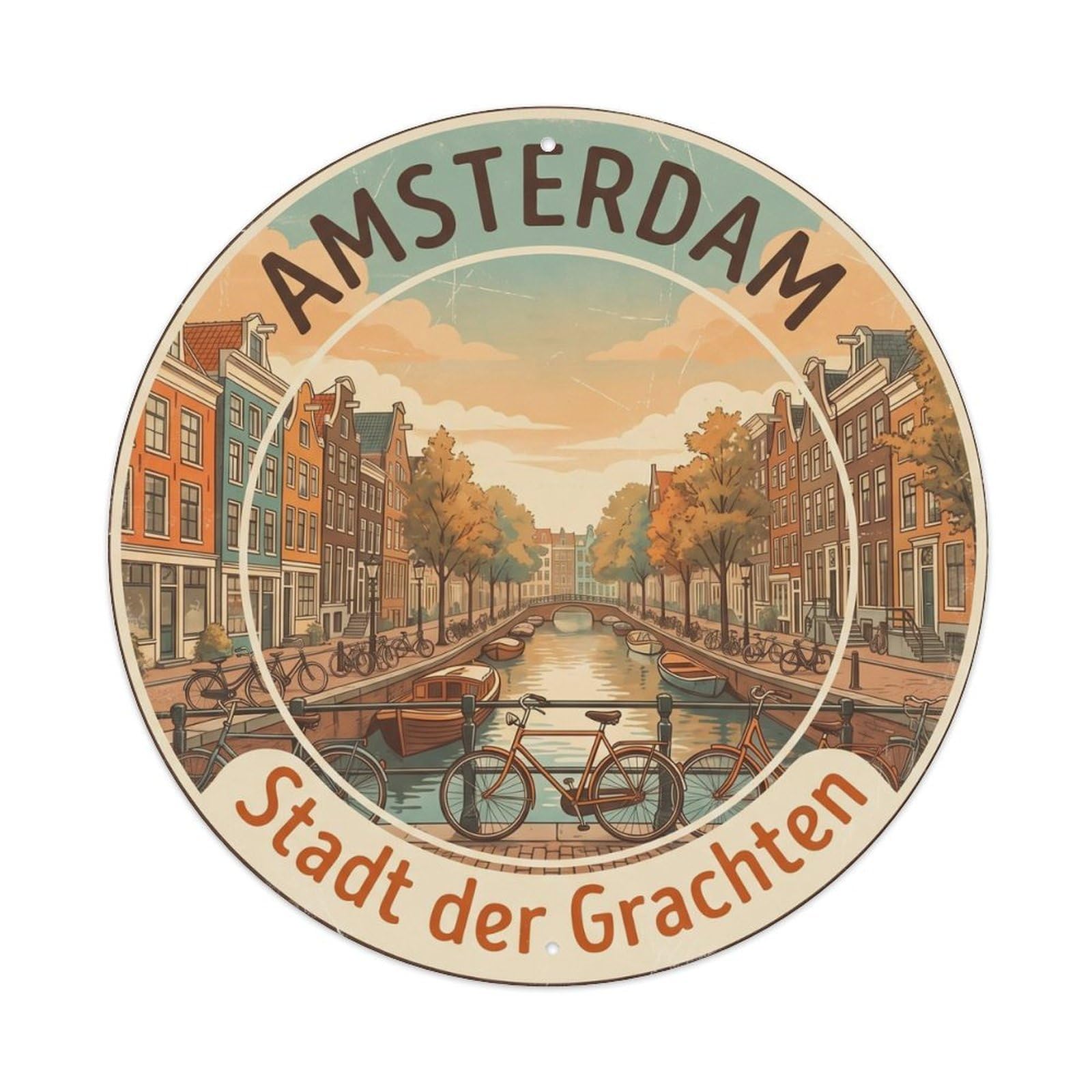 Vintage Travel Amsterdam Bicycle Canal Metal Tin Sign Plaque Wall Decor for Cafe, Club, Garden Round Metal Poster 8x8Inch