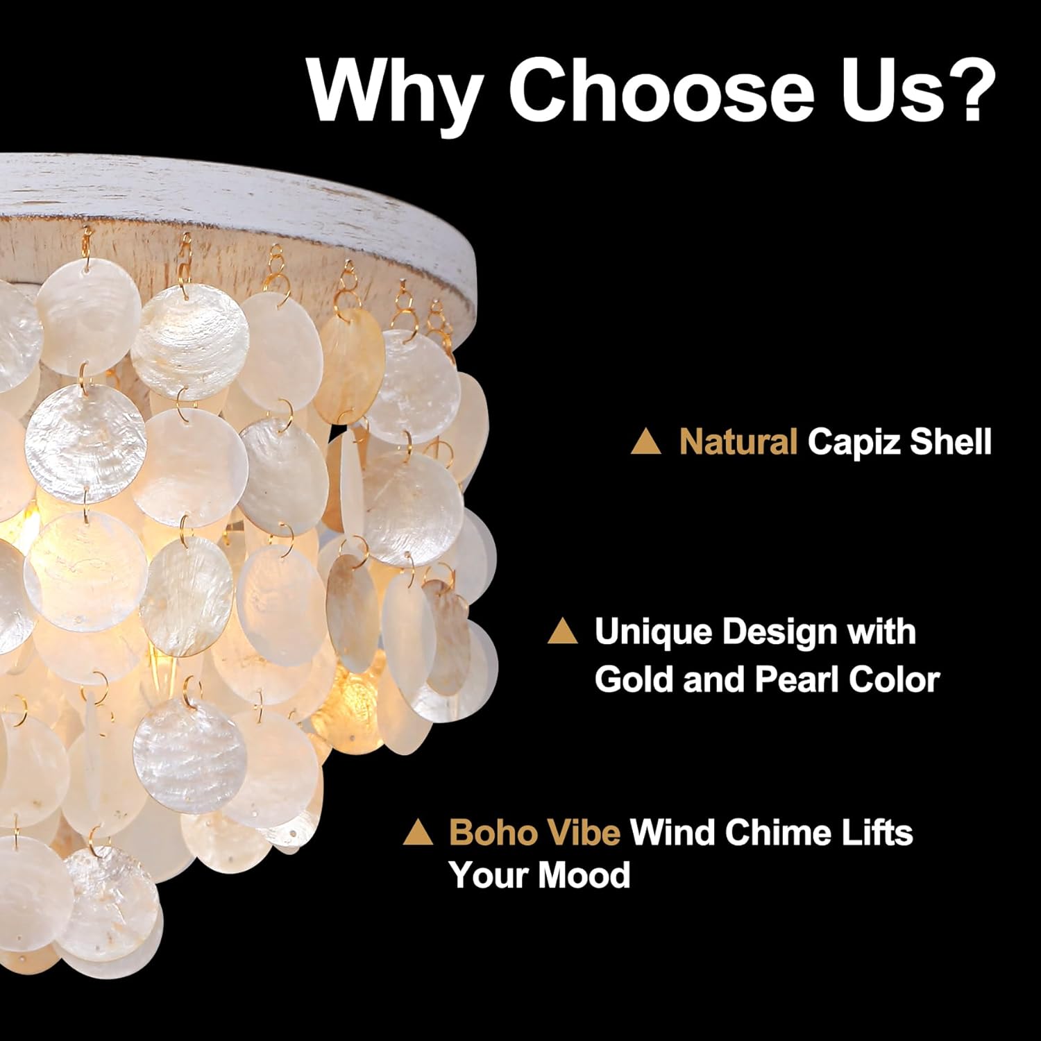 Capiz Shell Chandelier Ceiling Light, 3 Light Flush Mount Light for Bedroom, Hallway, Entryway,Bathroom，Nursey，Girls‘ Room，Vintage White with Gold Shells