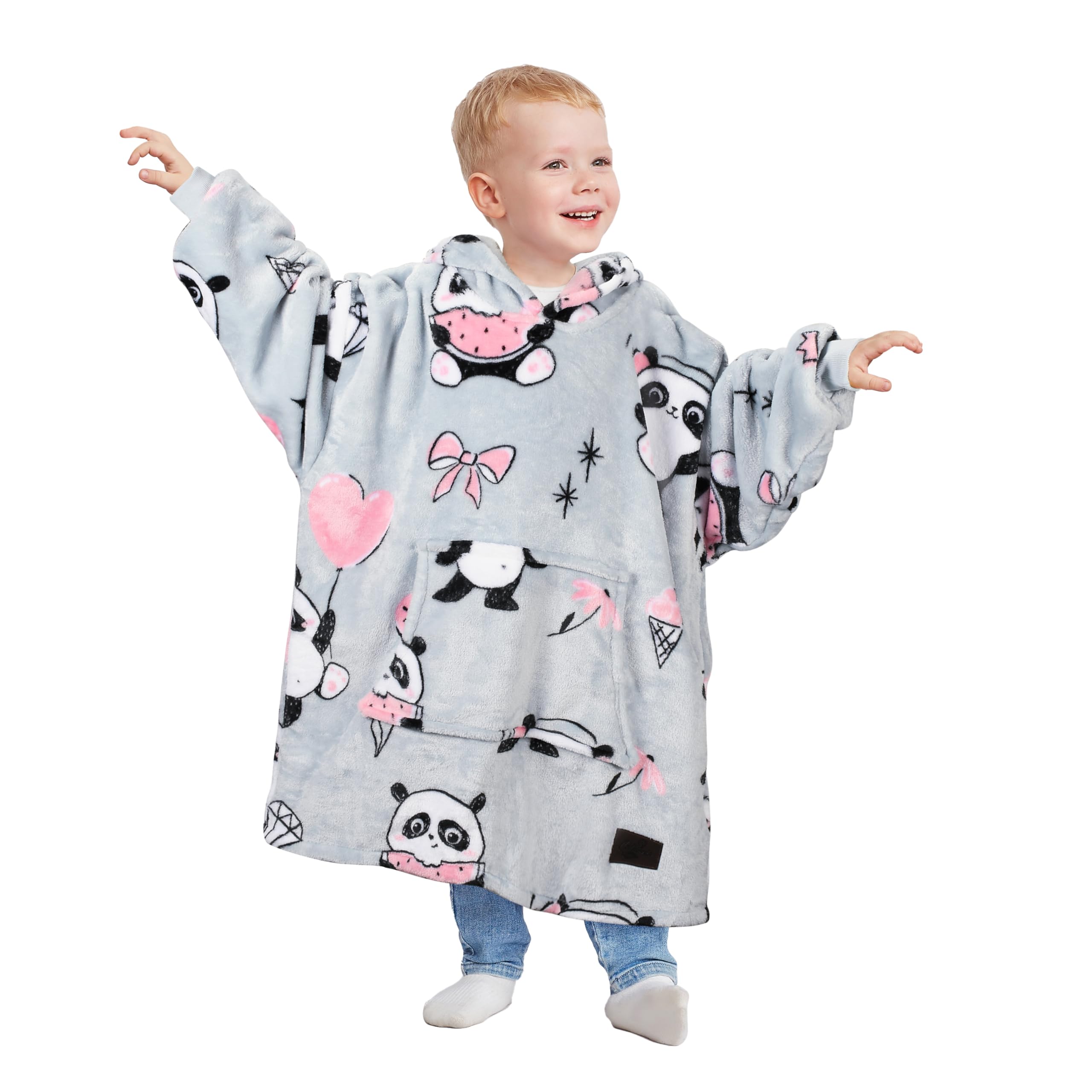 Catalonia Classy Unisex Kids Panda Gray Oversized Hoodie Blanket Kids, Soft Fluffy Fleece Wearable Blanket For 110-150 Cm Girls Boys, Cosy Warm Snuggle Hoodie For Gift,