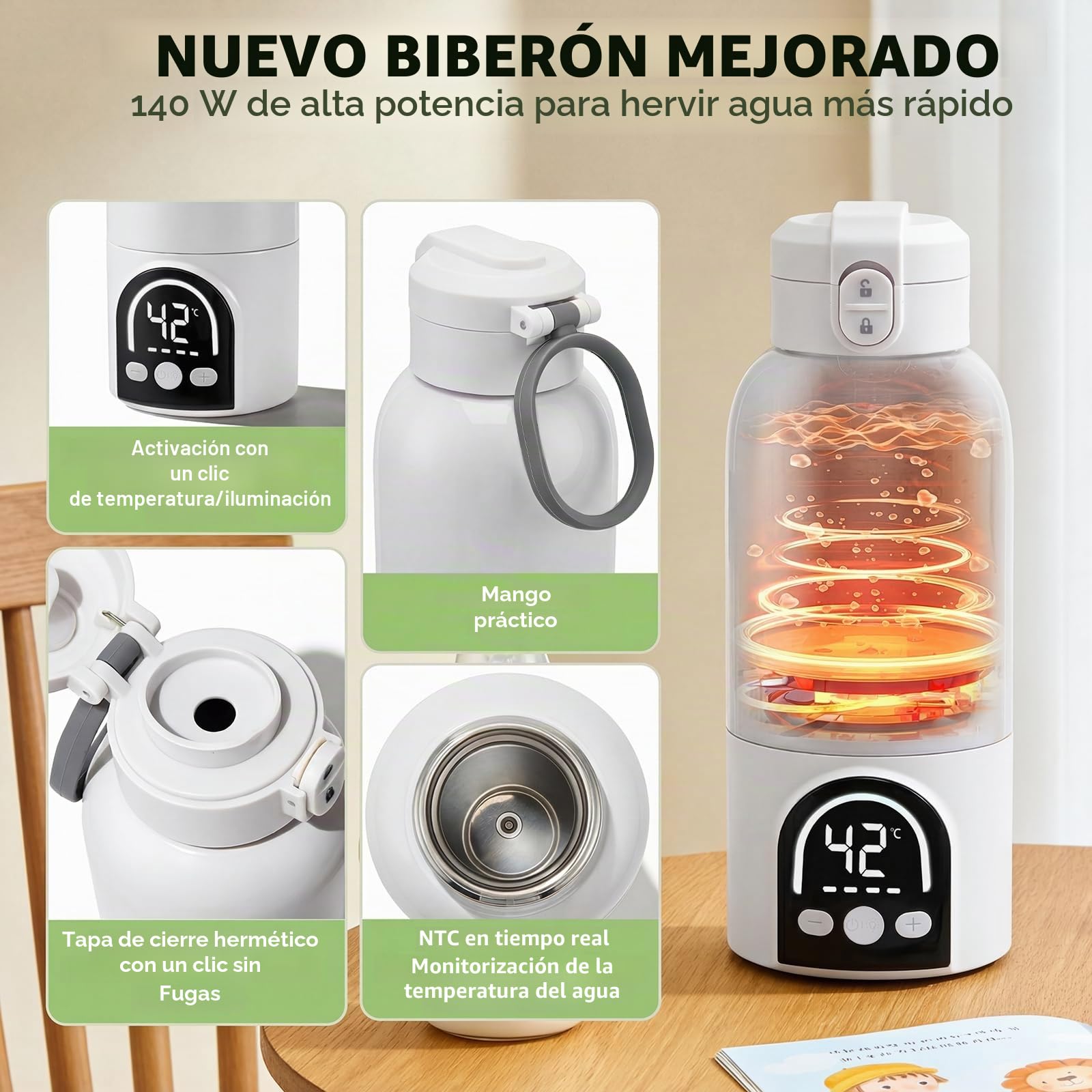 Calentador portátil inalámbrico para biberón portátil de 500 ml para leche materna y agua, 140 W y temperatura ajustable 35 ℃-70 ℃, carga USB calentador de agua para viajes (blanco)