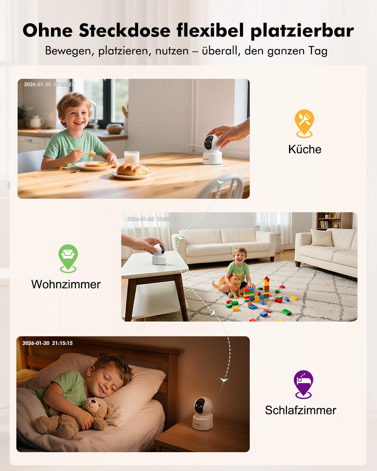 2,5K/4MP Überwachungskamera Innen WLAN mit 6000mAh Akku, 360° PTZ kabellose überwachungskamera, 2,4/5GHz WiFi, Farb-Nachtsicht, Bewegungserkennung, KI-Erkennung,Zwei-Wege-Audio 2 Stück