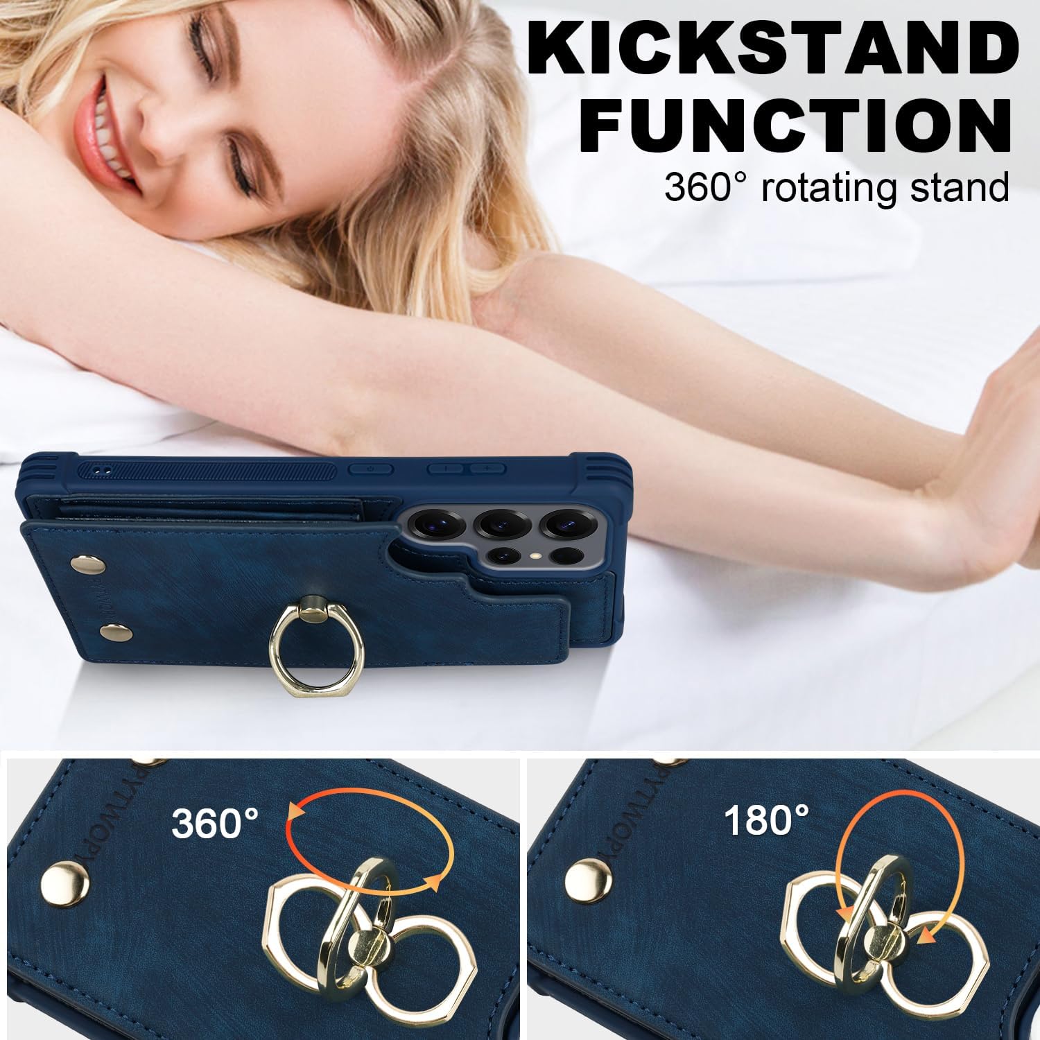 Wallet Case Compatible for Galaxy S25 Ultra with Card Holder,360°Rotation Ring Stand and RFID Blocking for Samsung Galaxy S25 Ultra 6.9 inch,Navy Blue