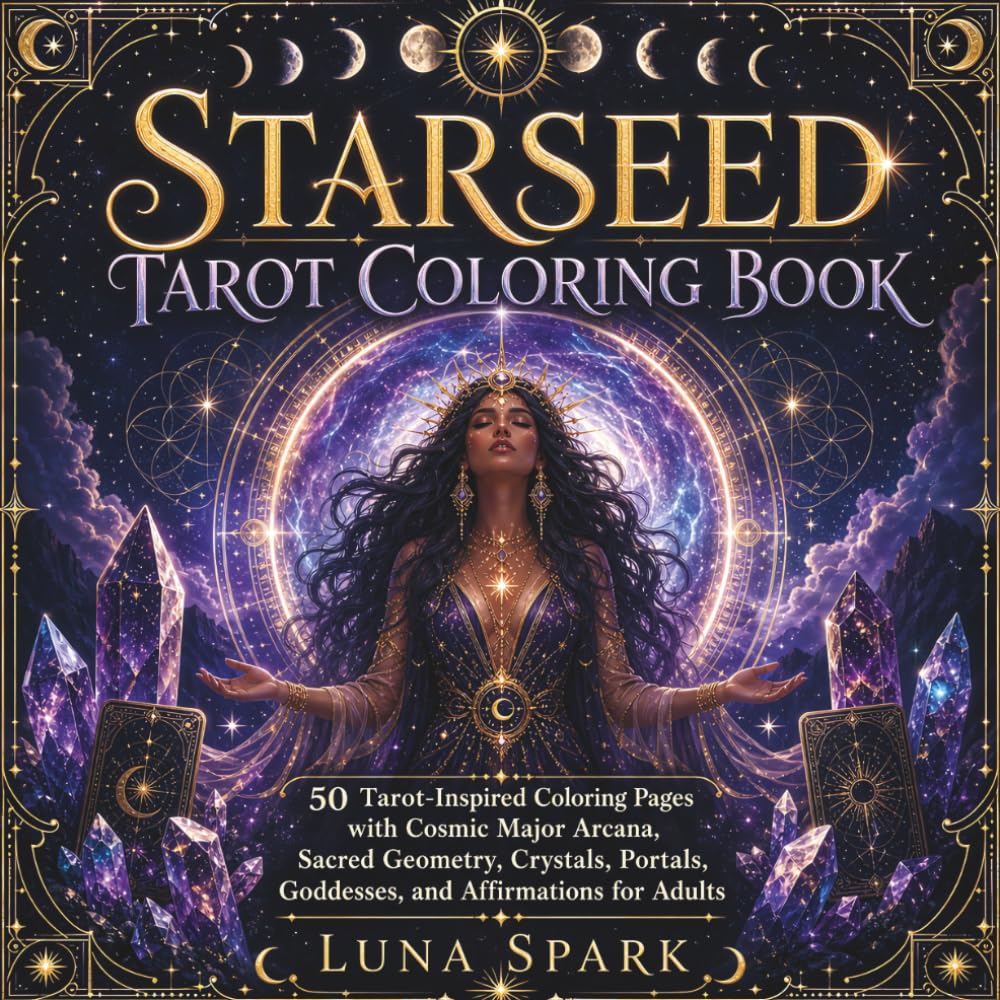 Starseed Tarot Coloring Book: 50 Tarot-Inspired Coloring Pages with Cosmic Major Arcana, Sacred Geometry, Crystals, Portals, Goddesses, and Affirmations for Adults