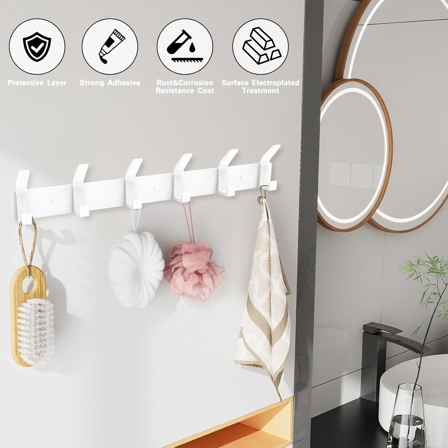 2 Pack Coat Rack Wall Mount,17.3 in Wall Hooks for Hanging, Coat Hanger Wall Mount Towel Rack Hat Rack for Wall with 12 Hooks for Entryway, Bedroom, Bathroom (White) - Image 3