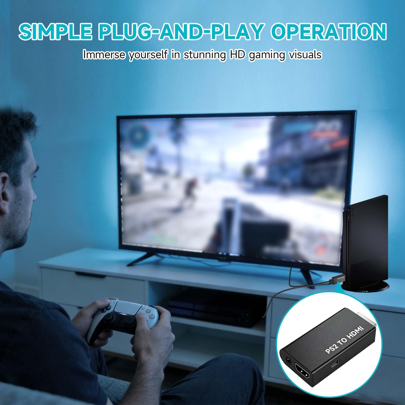 Dewlawn Adaptador PS2 a HDMI con Audio de 3,5 mm, Convertidor PS2 a HDMI para PS2 50000 70000 80000, Adaptador de Vídeo y Audio para HDTV, Monitor Juegos, Modos 480i/480p/576i — view 6