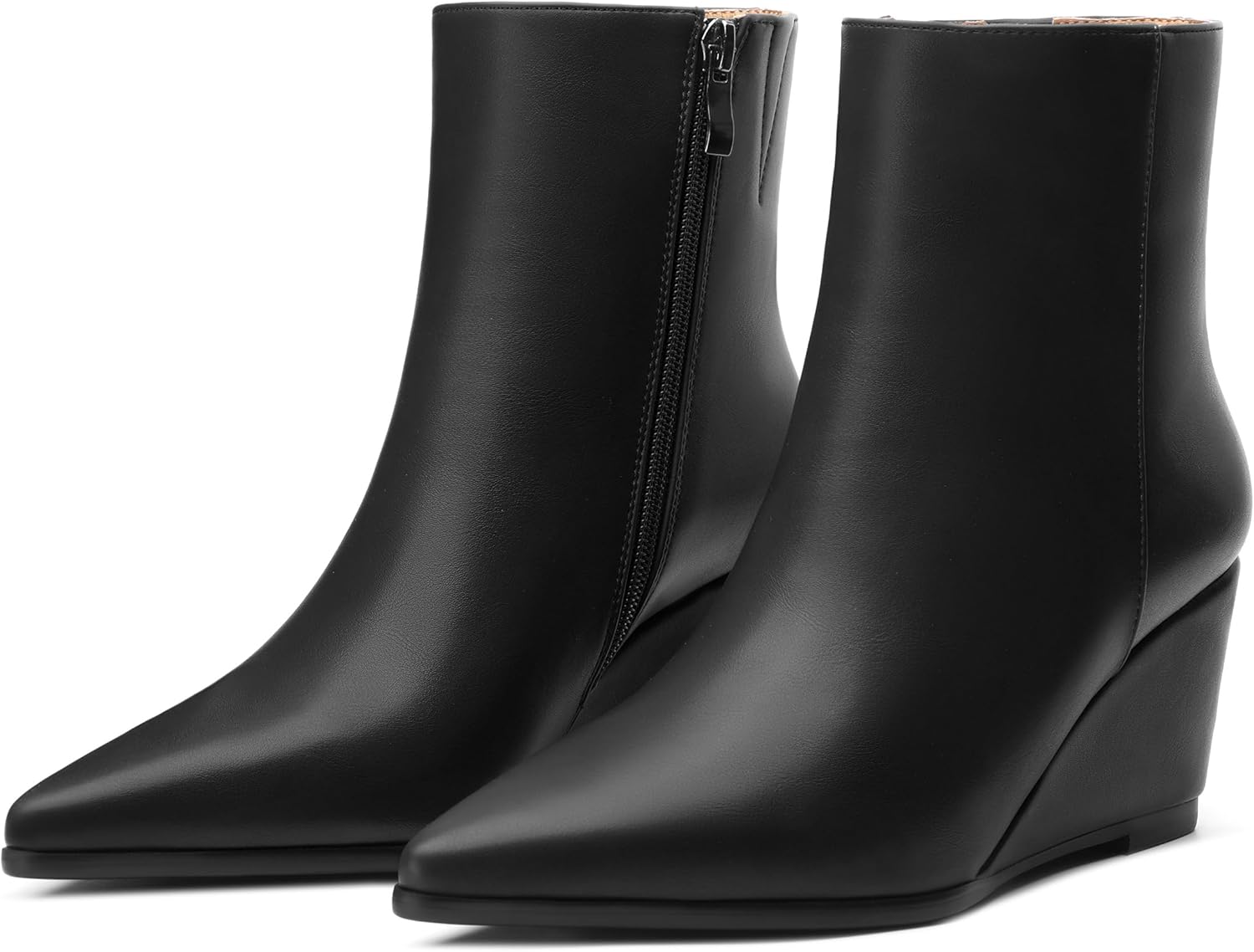 SHOWFOREST Women's Wedge Ankle Boots Pointed Toe High Heel Short Booties with Side Zipper Comfortable Casual Fall Winter Boots 2.5 Inch