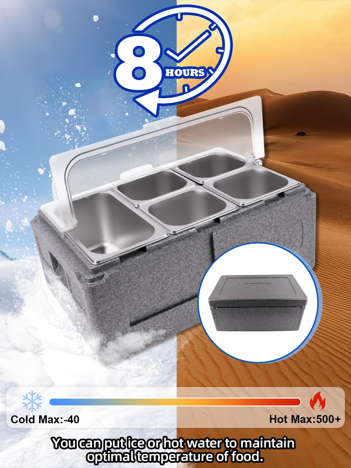 Kalolary Recipiente para ingredientes de acero inoxidable, 7 cuencos, para ensalada, estación de bufé, para platos fríos, con acumuladores de frío y tapas, juego de recipientes de bufé, bandeja para