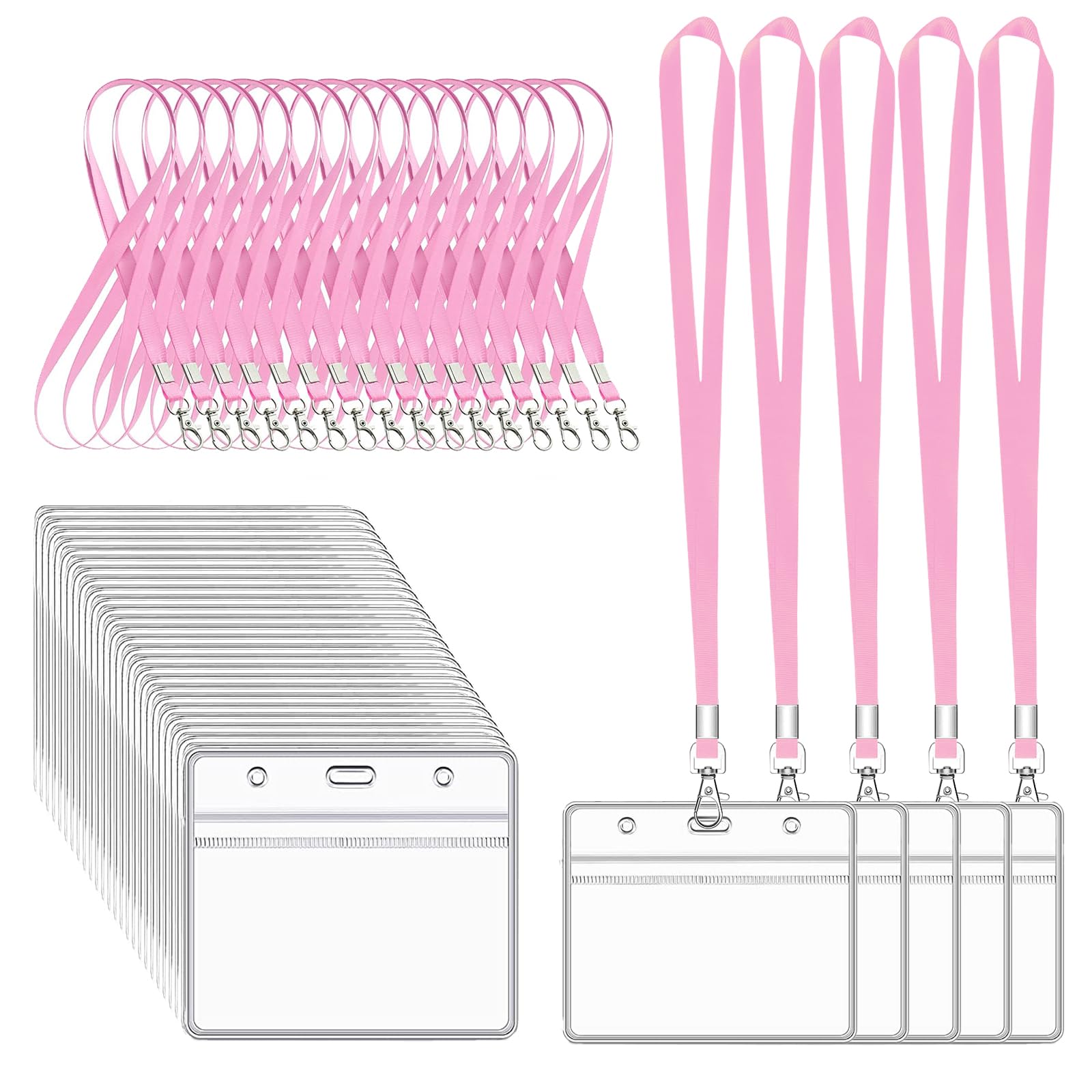XHDA Pink 30PCS Lanyards for Neck with 30PCS Card Holder, Lanyard with Clear Plastic Card Holder for ID Card and Staff