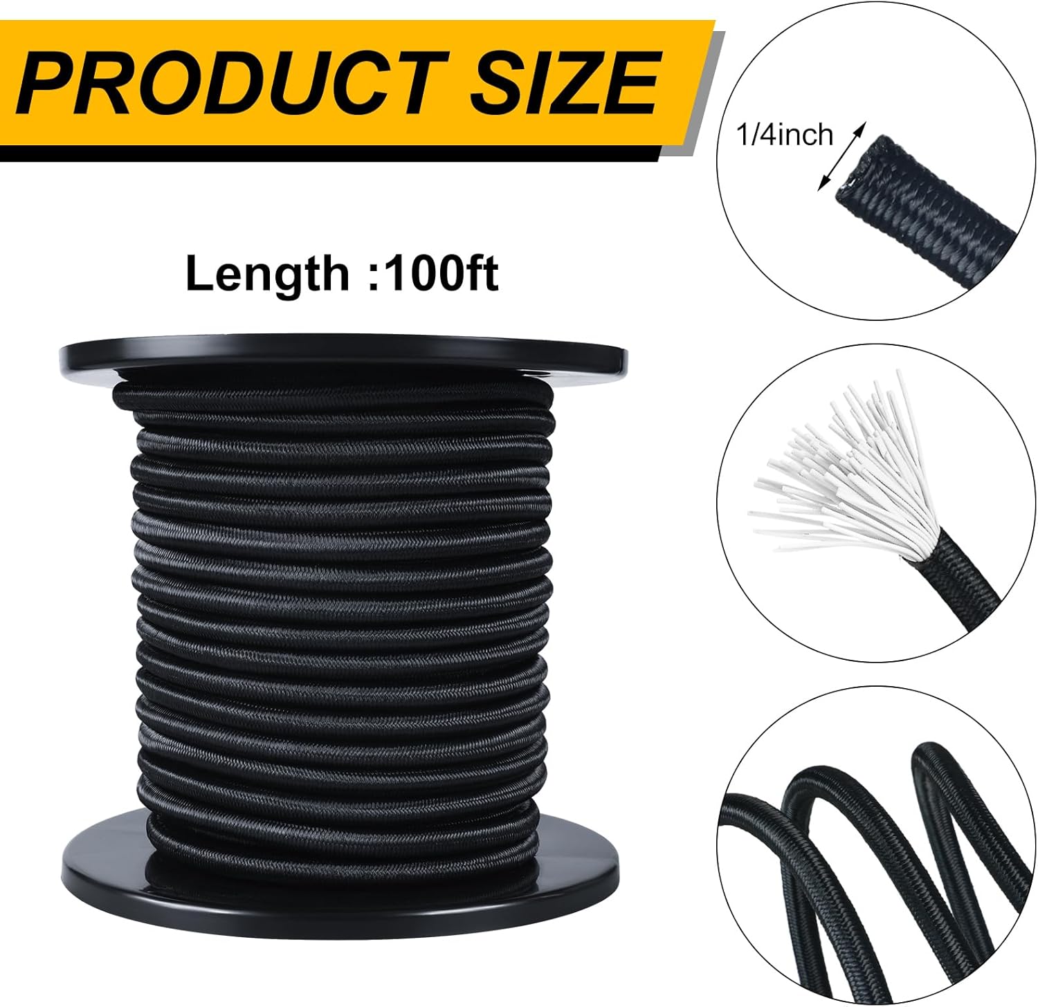 1/4 Inch 100 ft Bungee Shock Cord Rope Heavy Duty Kayak Bungee Elastic Stretch Shock Cord Black Polyester Stretch Rope for DIY Projects Kayak Strap Tie Downs Camping Tent Crafting