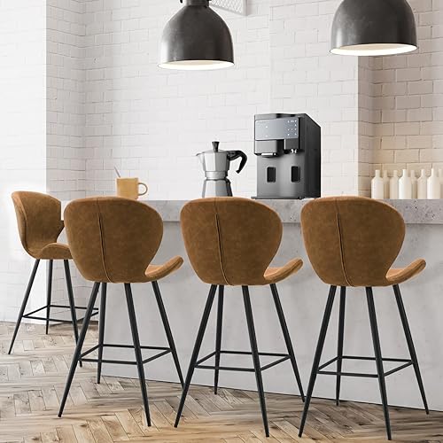 KithKasa Counter Height Bar Stools Set of 4 with Back, Mid Century Modern PU Leather 26" Kitchen Island Barstools with Metal Legs for Dining Room Kitchen Counter Pub Brown
