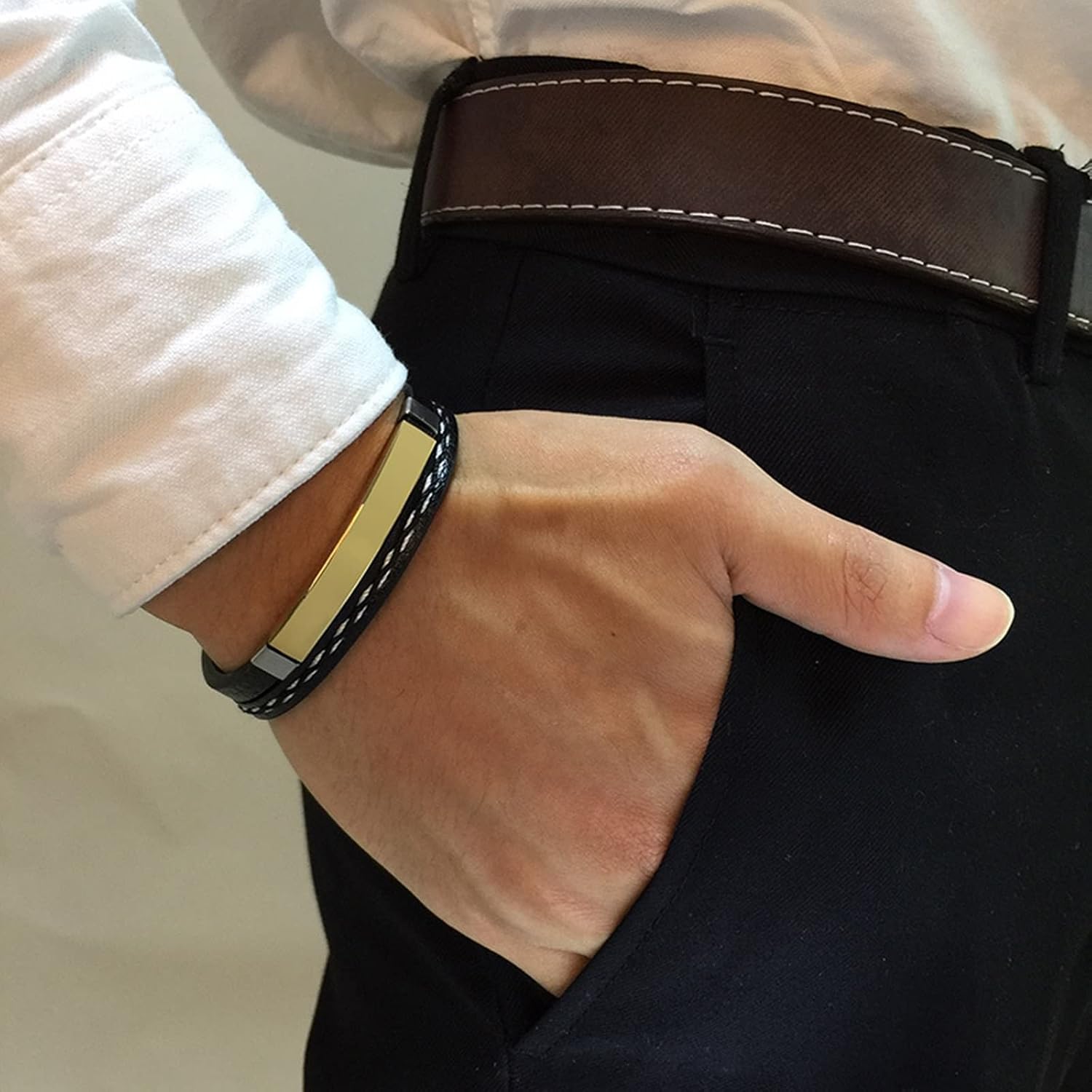 Daesar Men Stainless Steel Bracelets Leather Weave Dog Tag Engraved Bester Papa Bracelet Bangle ID Bracelet for Father Gift