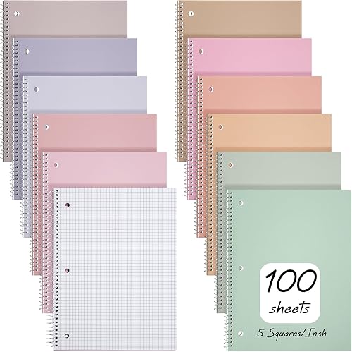 Tenceur 12 cuadernos en espiral de 1 materia cuadrícula cuadriculada, cuaderno de 8 x 10 12 pulgadas, cuaderno de diario en espiral, 3 bolsillos