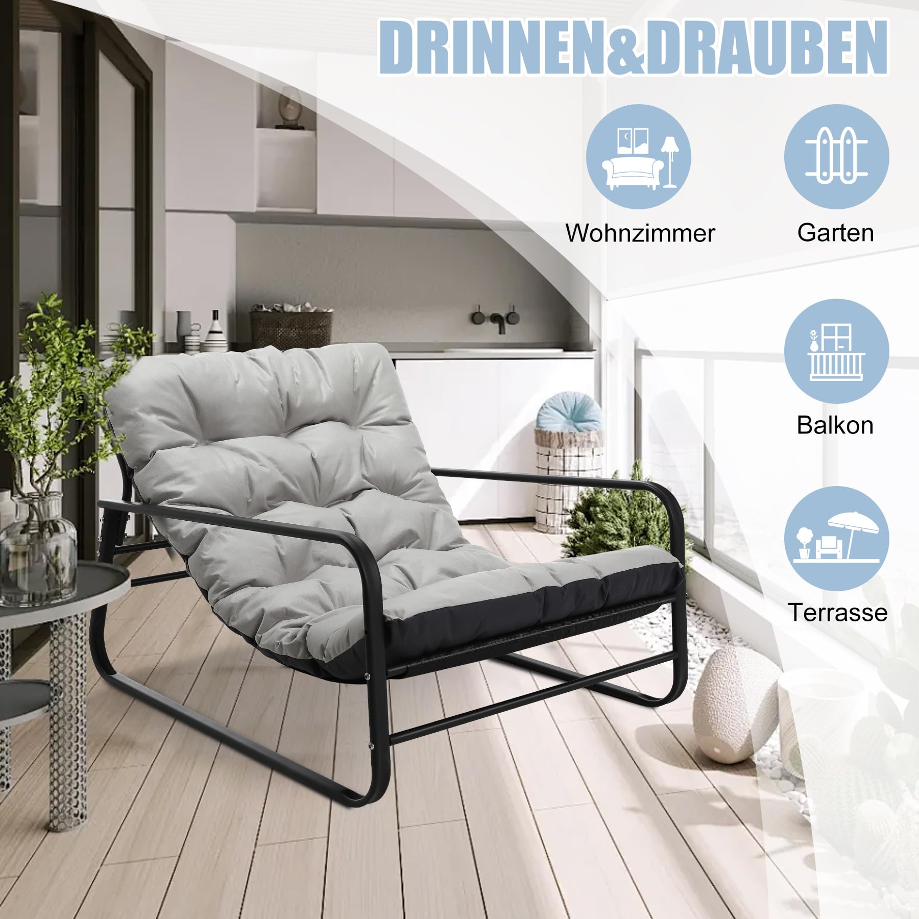 Sillón de salón de jardín con cojín reversible, sillón de jardín, balcón, muebles de acero, silla acolchada para 2 personas, sillón de jardín, exterior, balcón, jardín, terraza (gris oscuro+