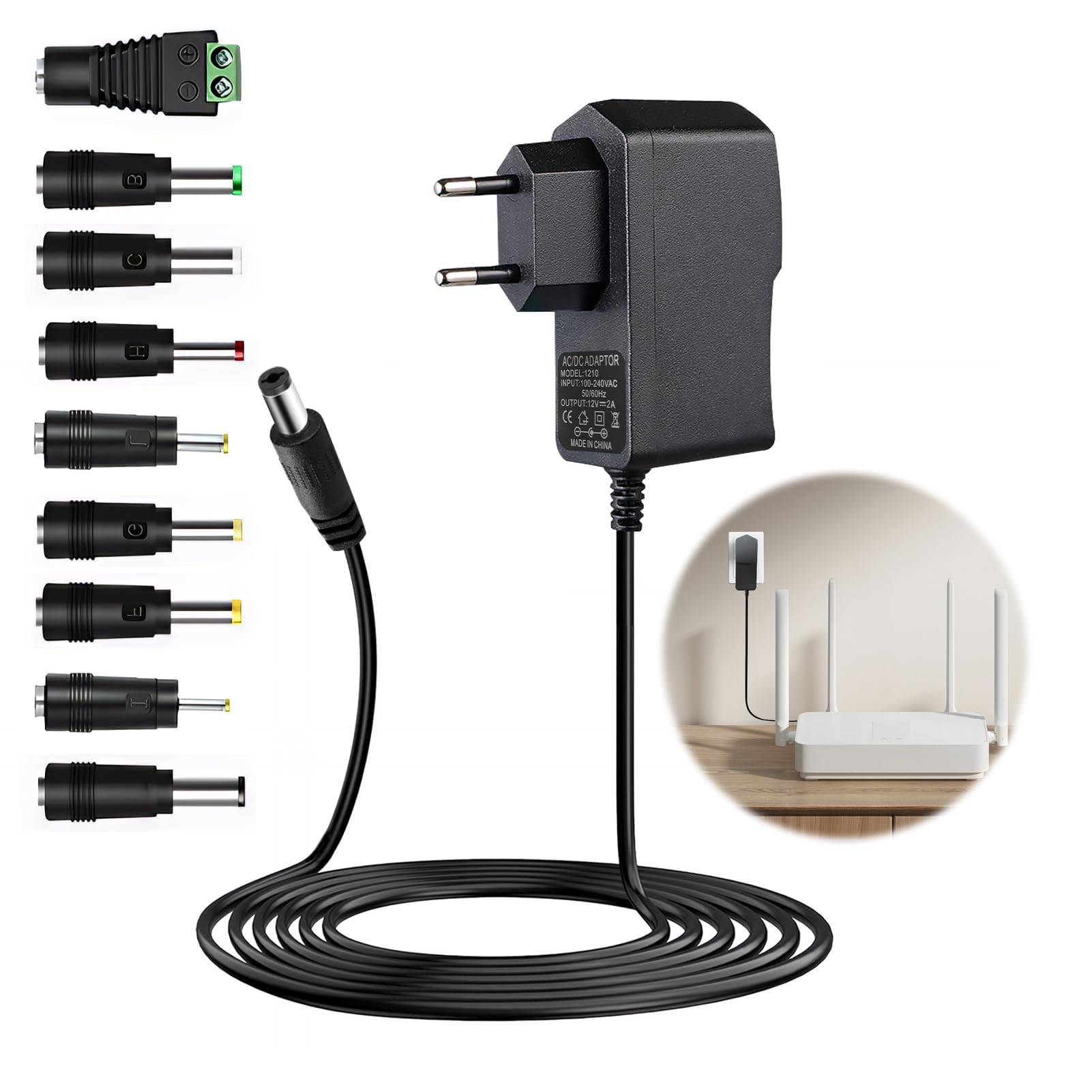 Fuente de Alimentación Universal 12V 2A, AC DC Adaptador con 9 DC Enchufes, Power Supply 100-240V 50/60Hz, Cargador DC 5.5mm X 2.1mm para Tiras LED Cámara CCTV Router WLAN Ventilador Caso Caja de TV — view 7