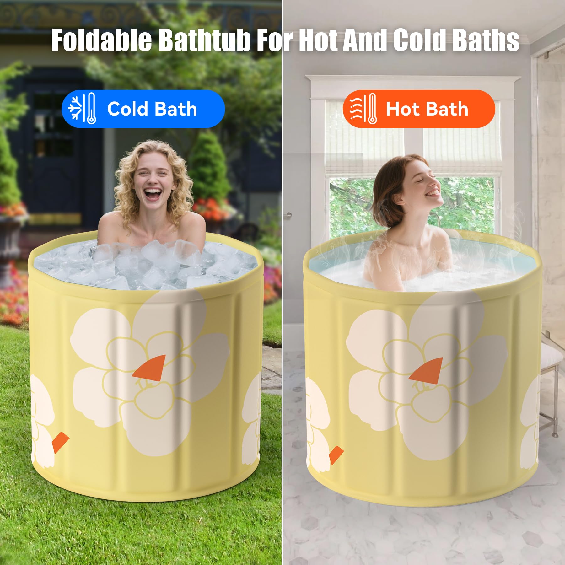 Vasca da bagno Portatile per Adulti - Vasca da Bagno Freestanding con Doccia Spa, Termoregolazione Ghiaccio/Caldo,Ideale per SPA Domestica e Viaggio- Versione Compact 70x65 cm Giallo