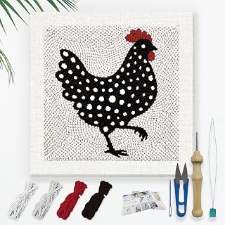 Doodlream Polka Dot Chicken Needle Kit for Beginner, 9.4"x 9.4" Farm Hen Punch Stitching Craft Set, DIY Embroidery Starter with Printed Frame, Instruction, Threader, Yarn, Pinch Needle