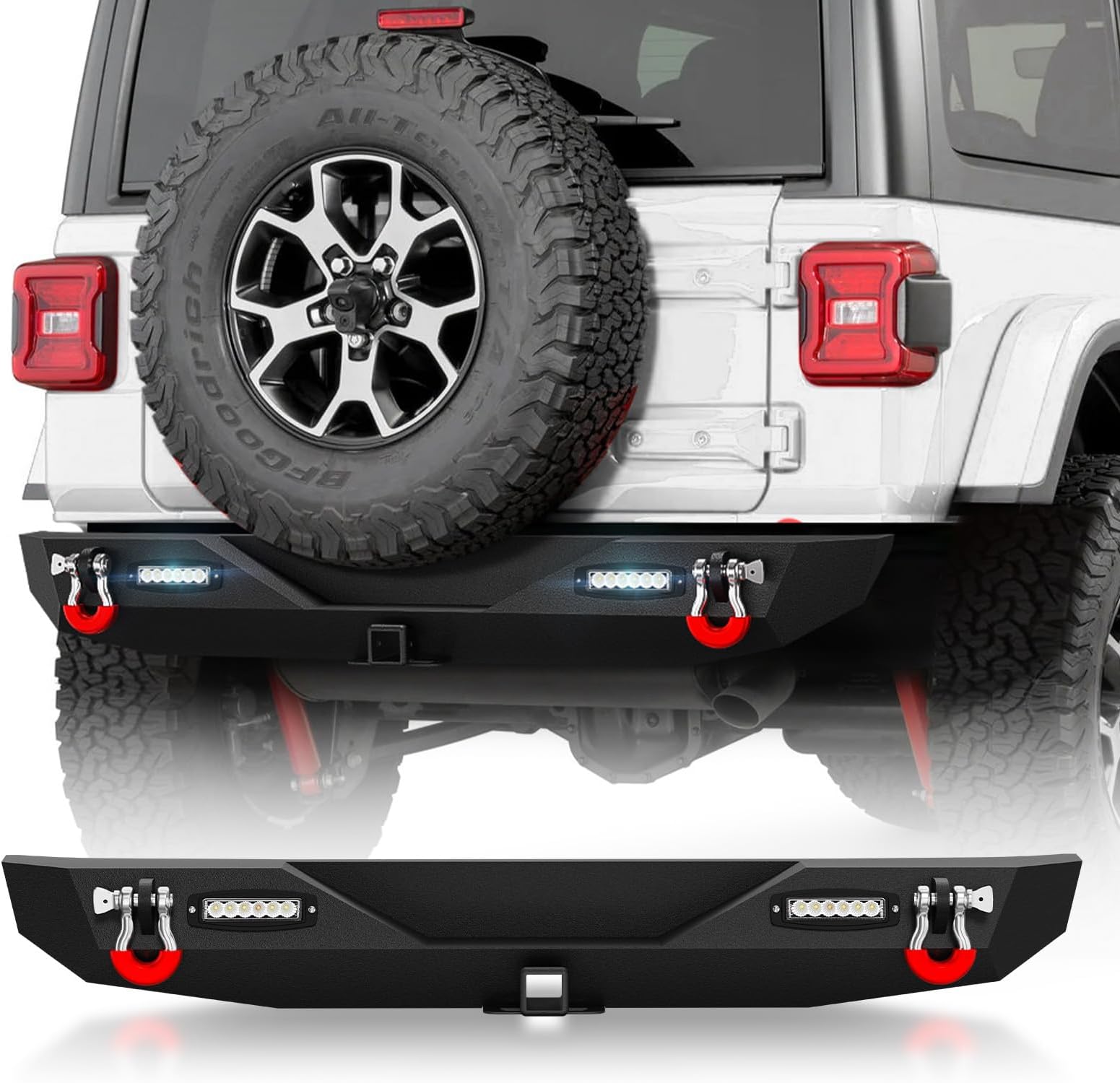 OBNAUXRear Bumper Compatible with 2018 2019 2020 2021 2022 2023 2024 Wrangler Jeep JL JLU with 2" Hitch Receiver, D-Rings for 2/4 Doors