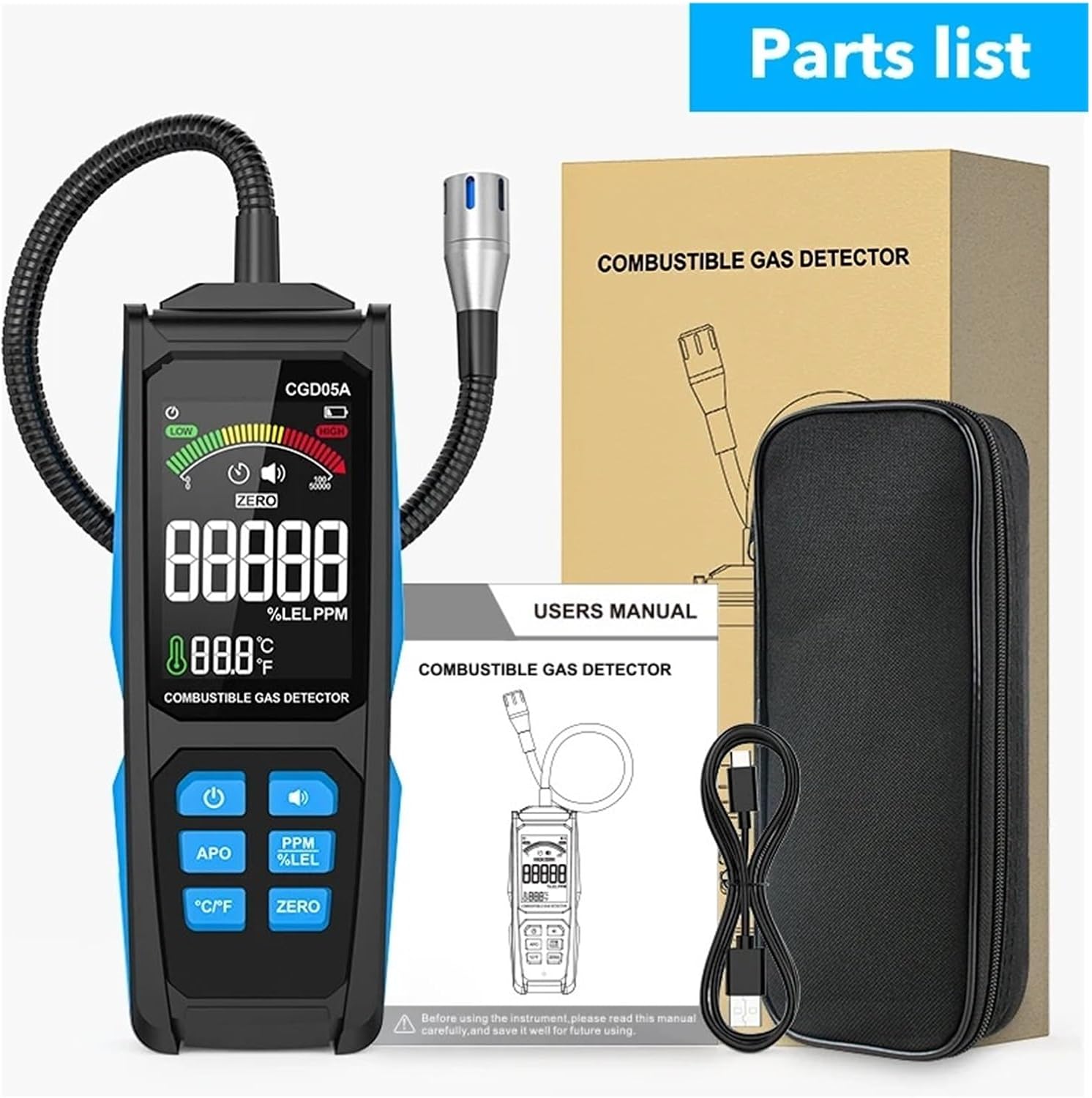 Combustible Gas Detector LPG Meter VA Color Screen Gas Analyzer Charging PPM LEL Unit Triple Alarm Natural Gas Leak Meter Precise Sensors for Fast Detection