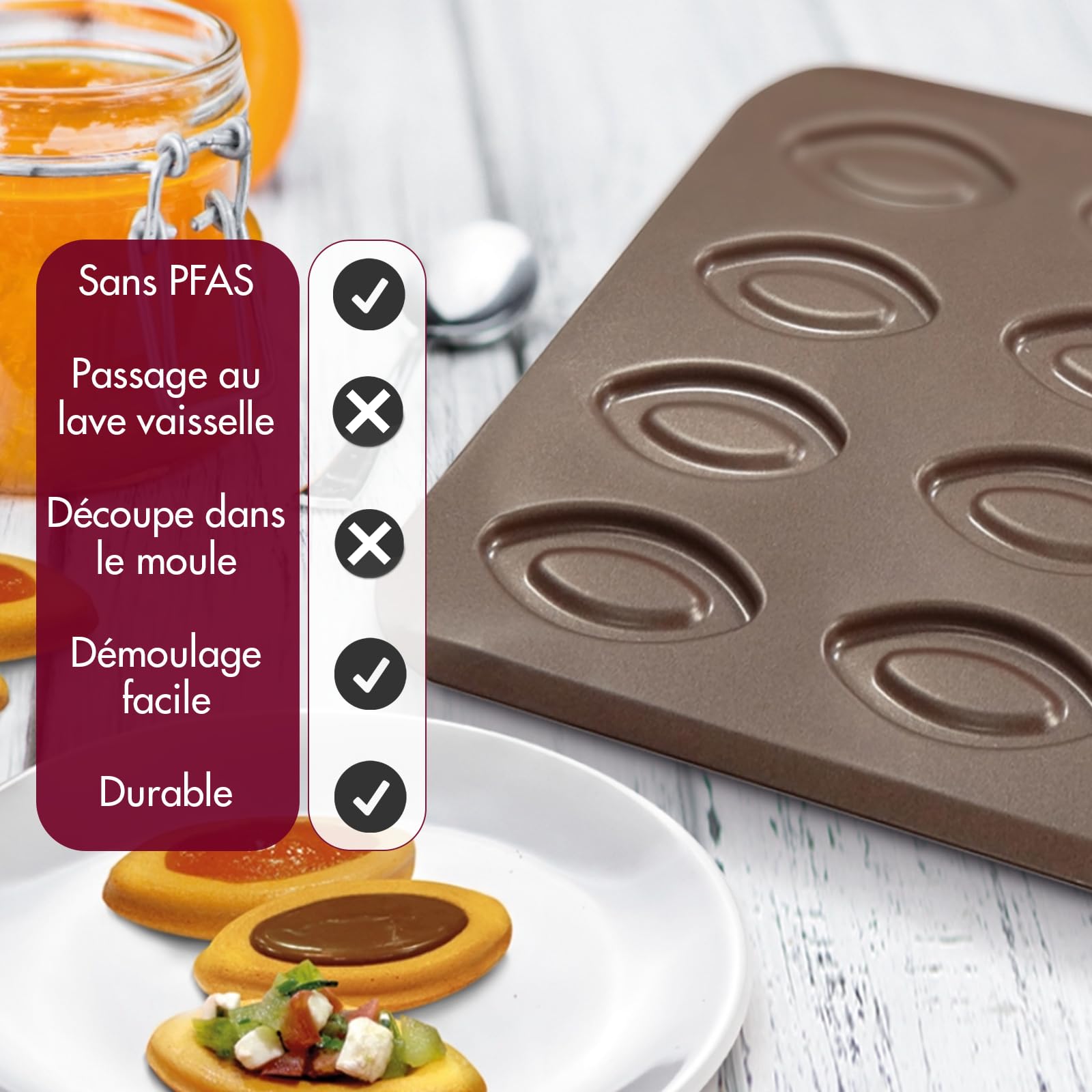 Plaque 12 Barquettes Gobel 32x23,5 Cm – Acier Anti-Adhérent Bicouche Sans PFAS, Idéale Biscuits & Tartelettes