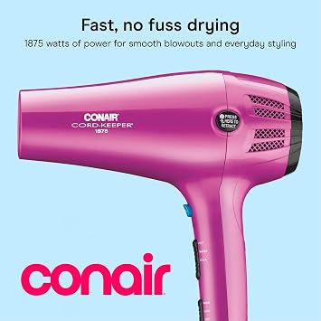 Conair Cord Keeper Hair Dryer | 1875W, Retractable Cord, for Multiple Hair Types, Includes Diffuser and Concentrator, Pink, 209BCX