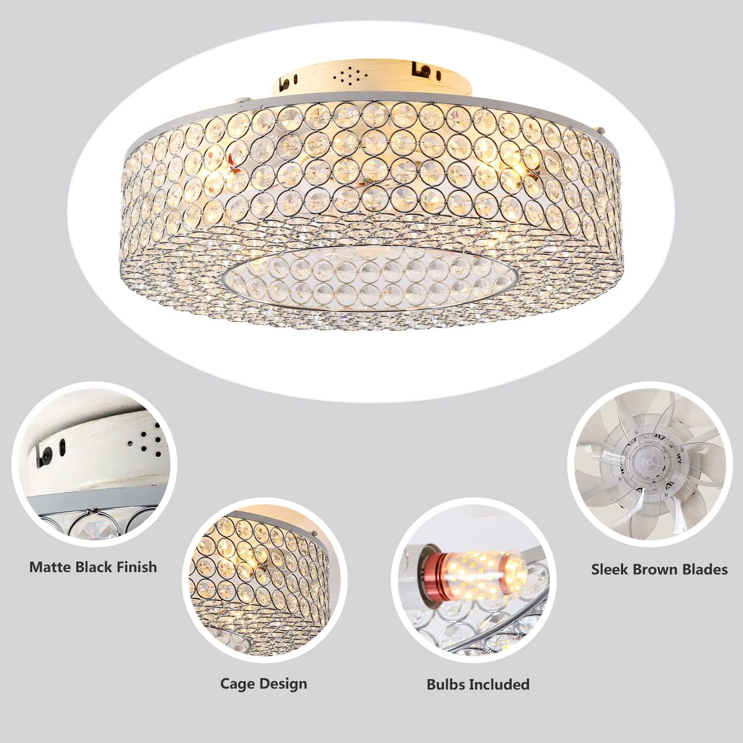 Modern Crystal Ceiling Fan with Light Remote Control, 19.6 Inch Enclosed Bedroom Fan with Lights, 6-Speed Quiet reversible motor, Flush Mount Fandelier for Low Ceiling, Living Room, Dining Room