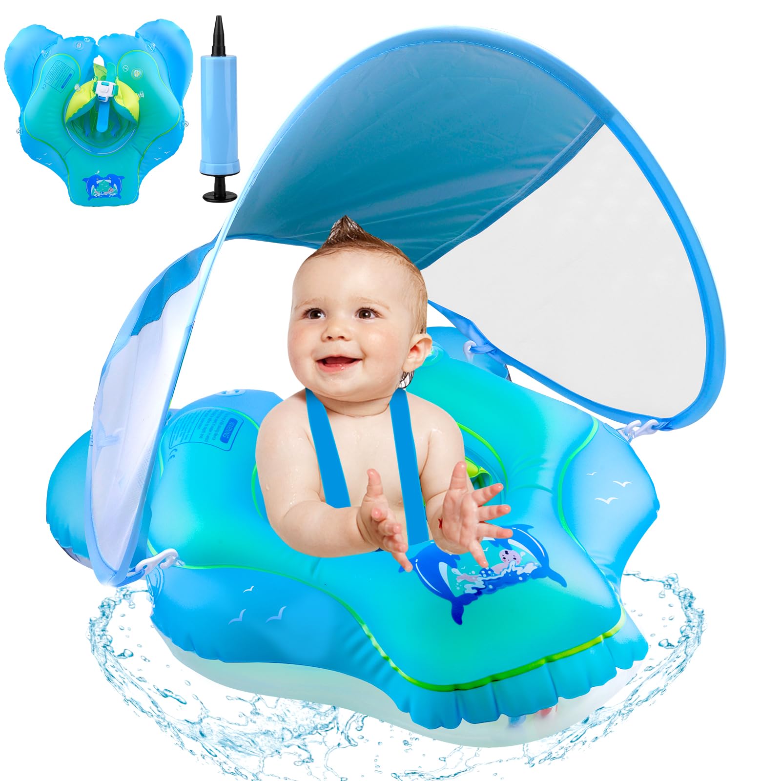 Baby Swimming Float, Baby Pool Float with Canopy, Inflatable Whale Baby Swimming Ring with Safety Seat